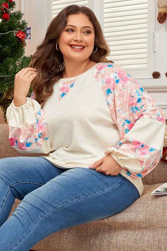 Plus Size Floral Patchwork Sleeve Crewneck Top 53485b1b-43b8-47be-b6d1-e6512a28e7e0