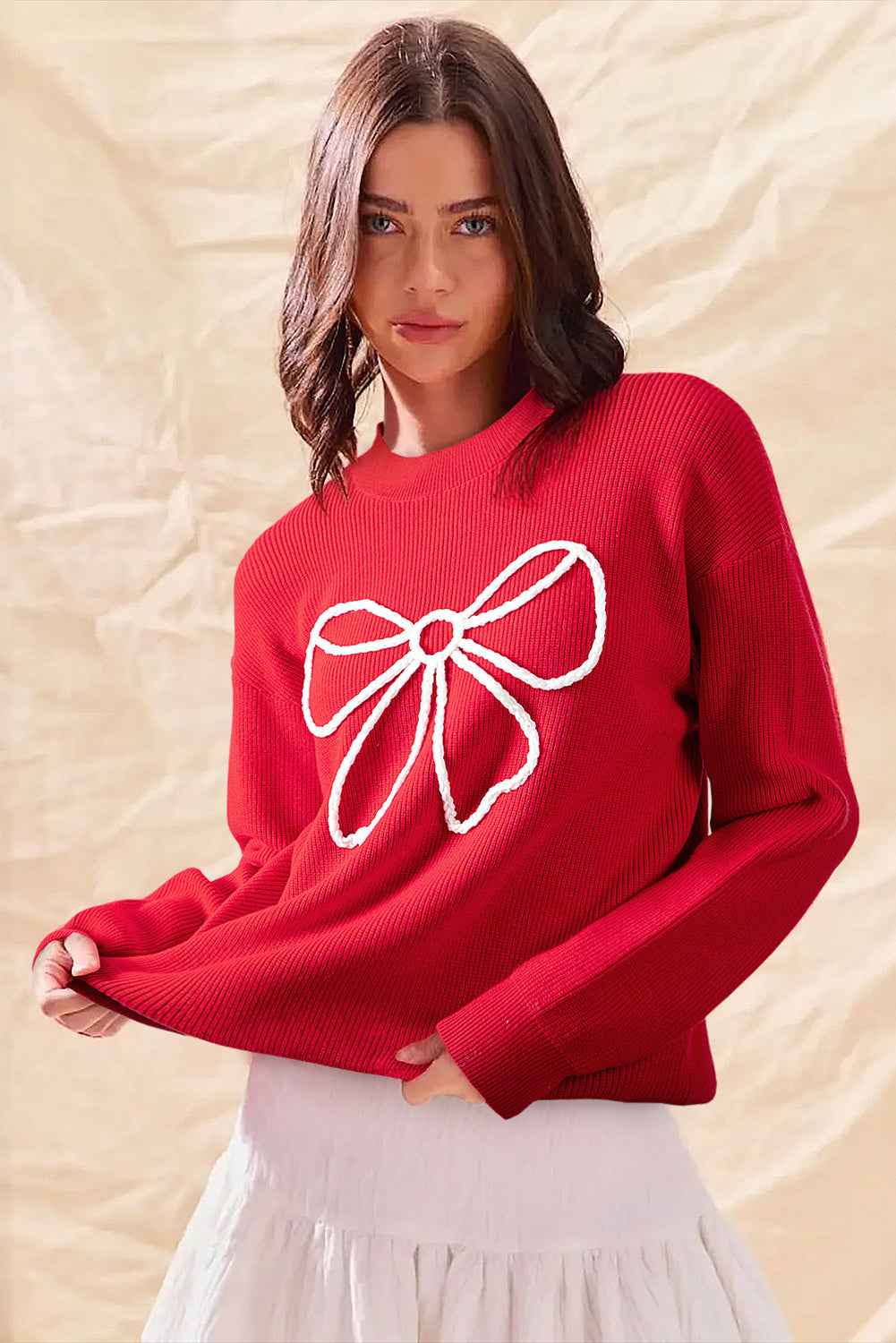 Fiery Red Braided Bow Pattern Sweater 54077c6a22561bb1