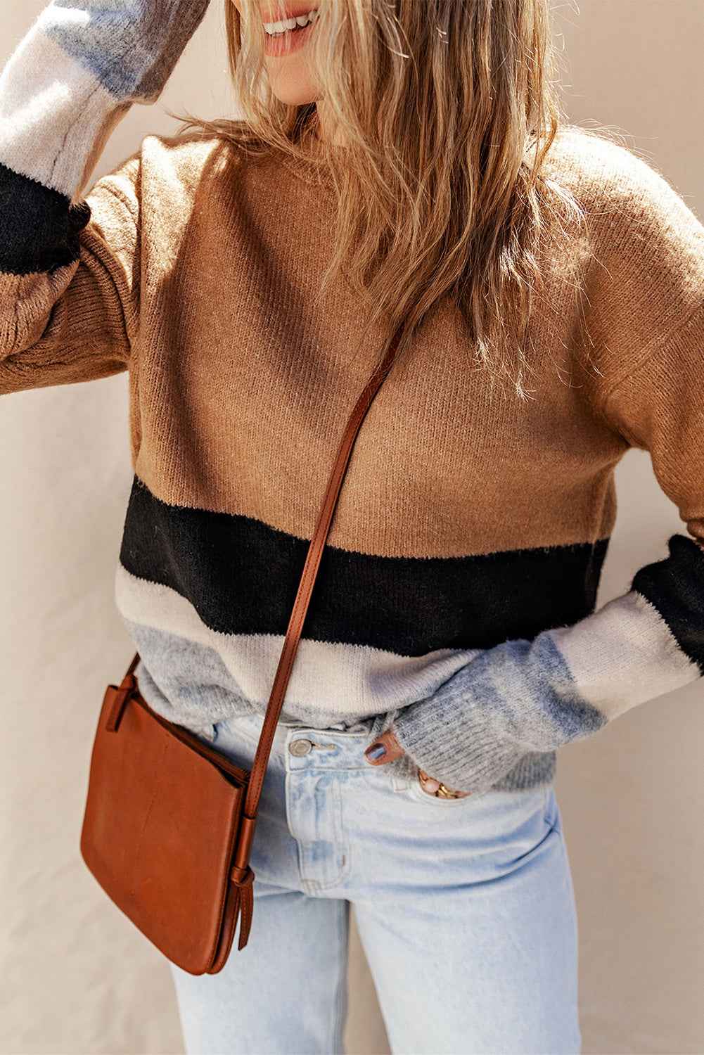 Brown Casual Striped Colorblock Ribbed Knit Sweater 540f06fbb434ae3a