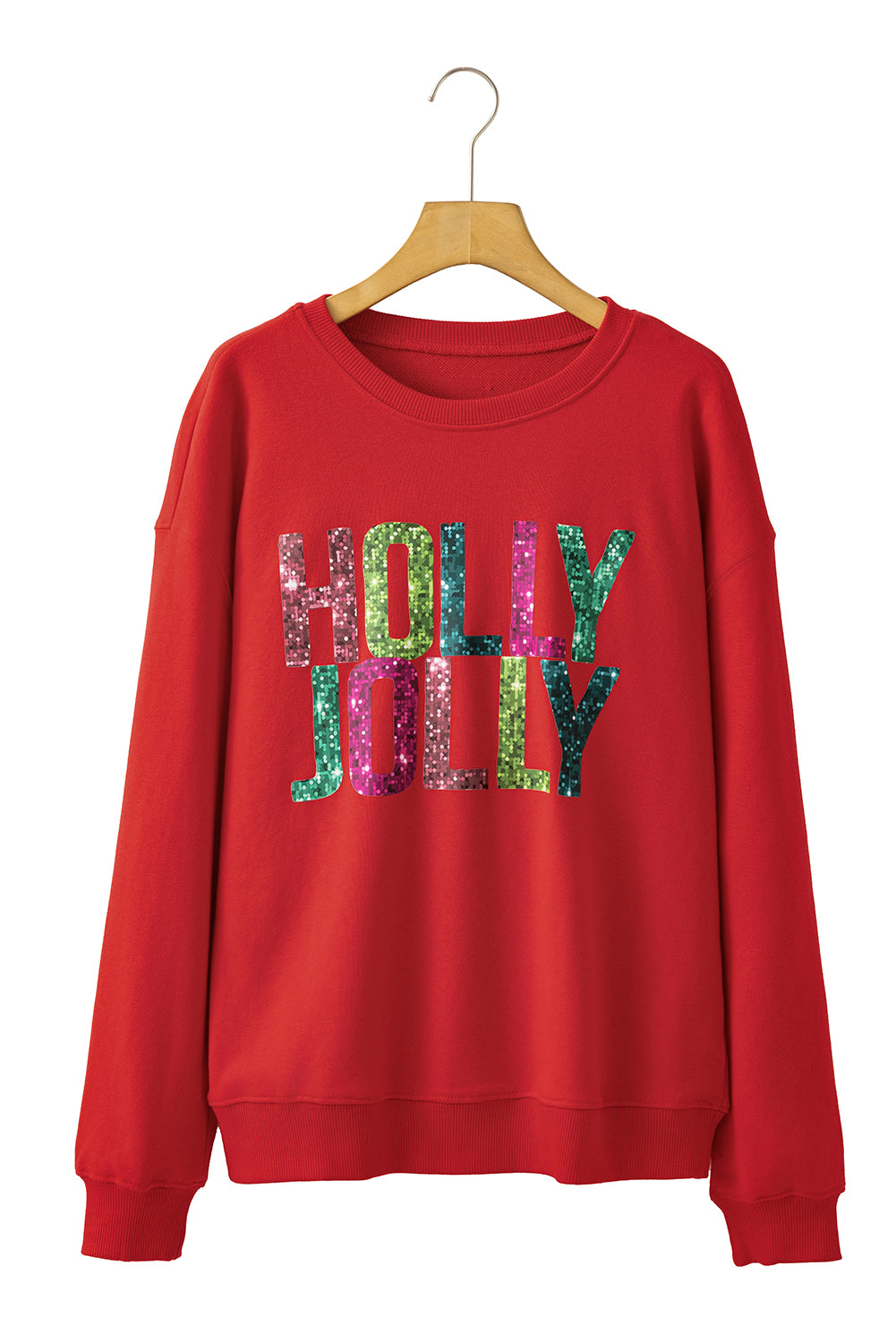 Red HOLLY JOLLY Heat Transfer Printing Graphic Christmas Pullover Sweatshirt Red 50%Polyester+50%Cotton 5423a017b16ecbdd