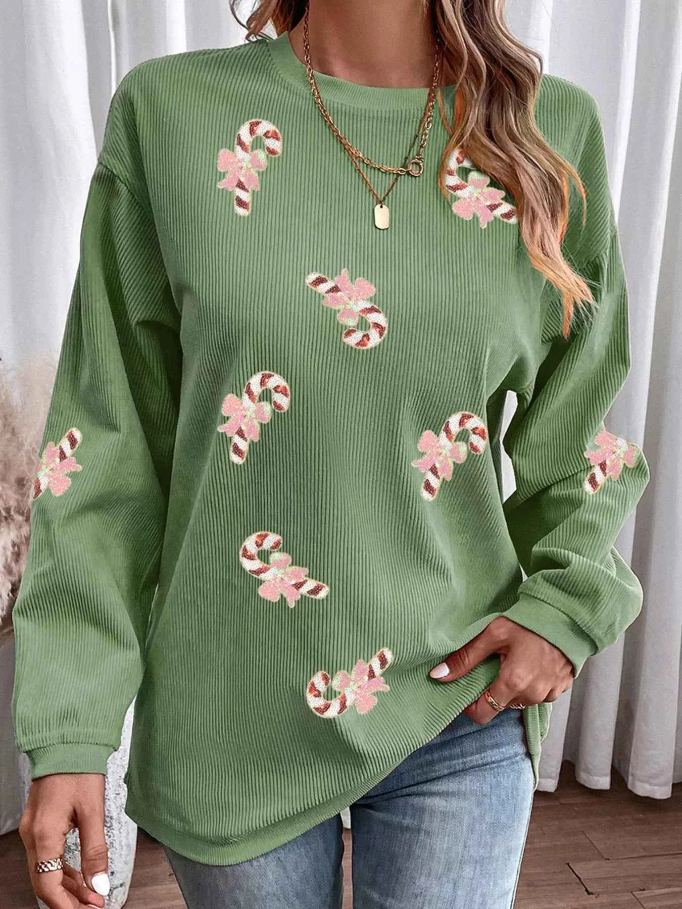 Christmas Sequin Candy Cane Patched Corded Ribbed Baggy Sweatshirt Matcha Green 543e6535d75d4eefb29d3995a2731c5b-Max-Origin