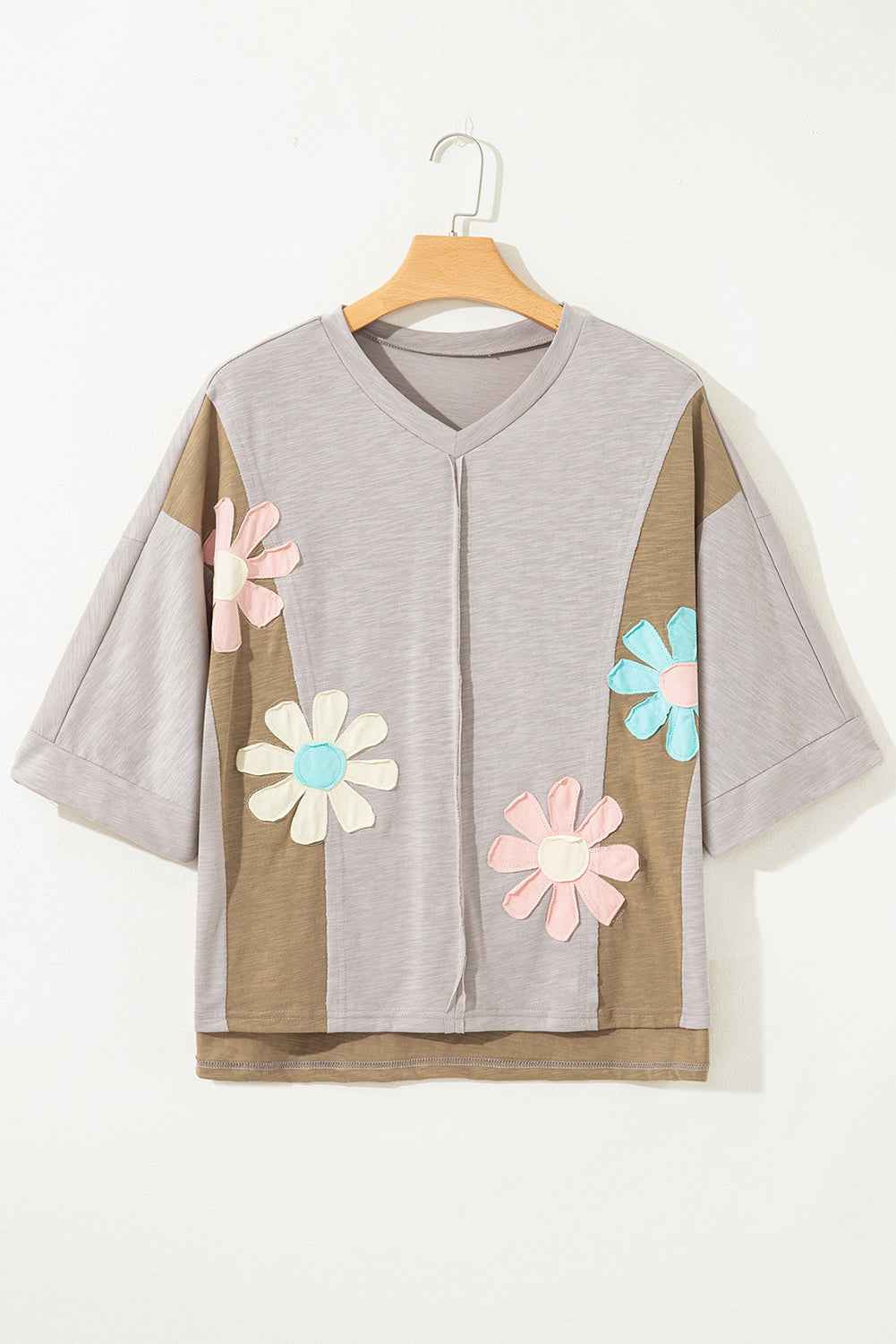 Light Blue Flower Patched Exposed Seam 3/4 Sleeve top 55177774f80aac45