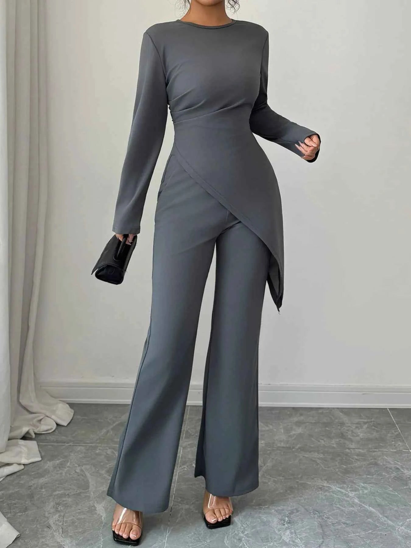 Asymmetric Long Sleeve Top and Pants Set Gray 5526b82e-13a1-49fa-b831-55bd9643329d-Max-Origin