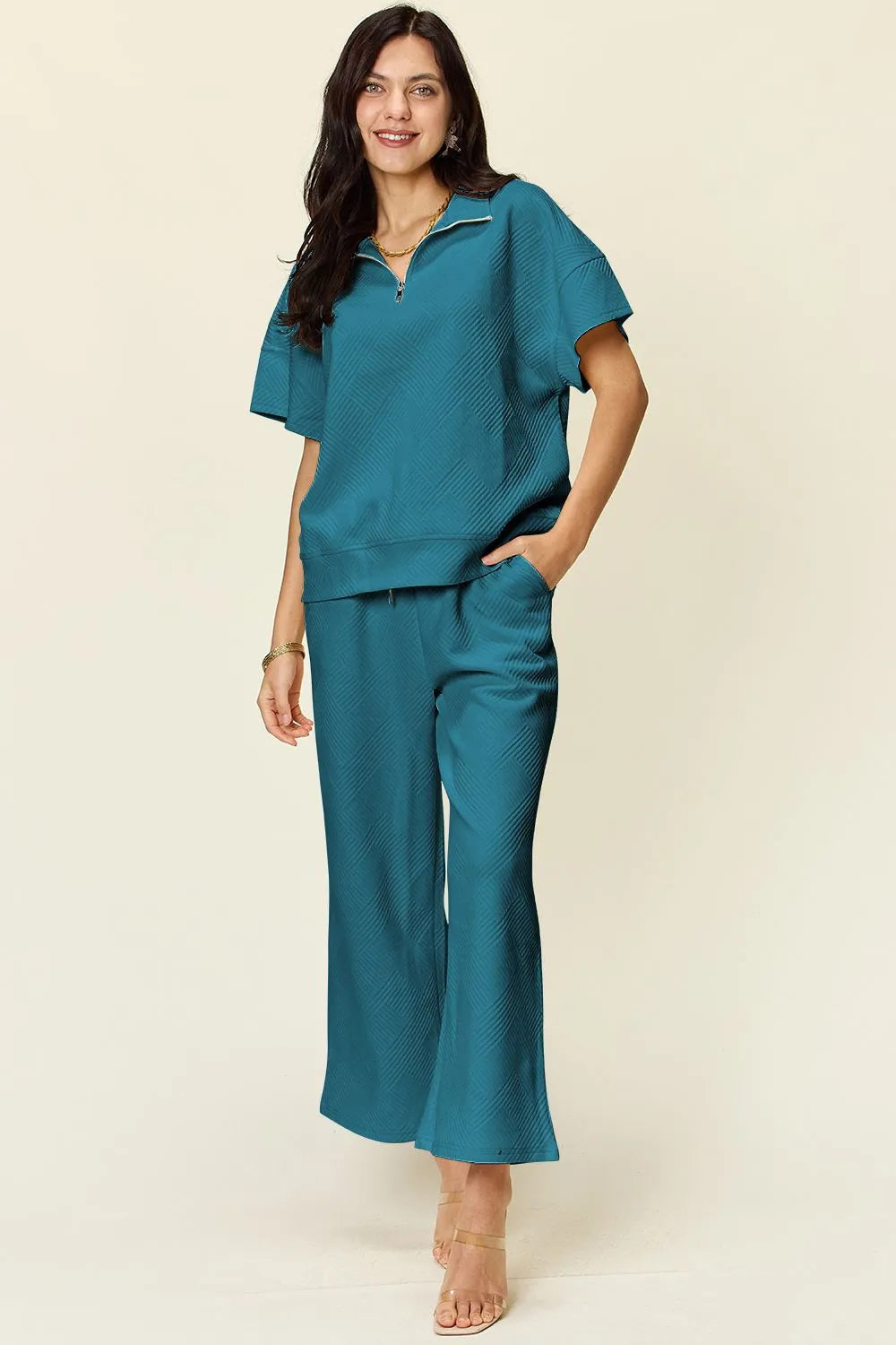 Double Take Full Size Texture Half Zip Short Sleeve Top and Pants Set Teal 55448daa-4376-44eb-a70c-f7bbd728221a-Max