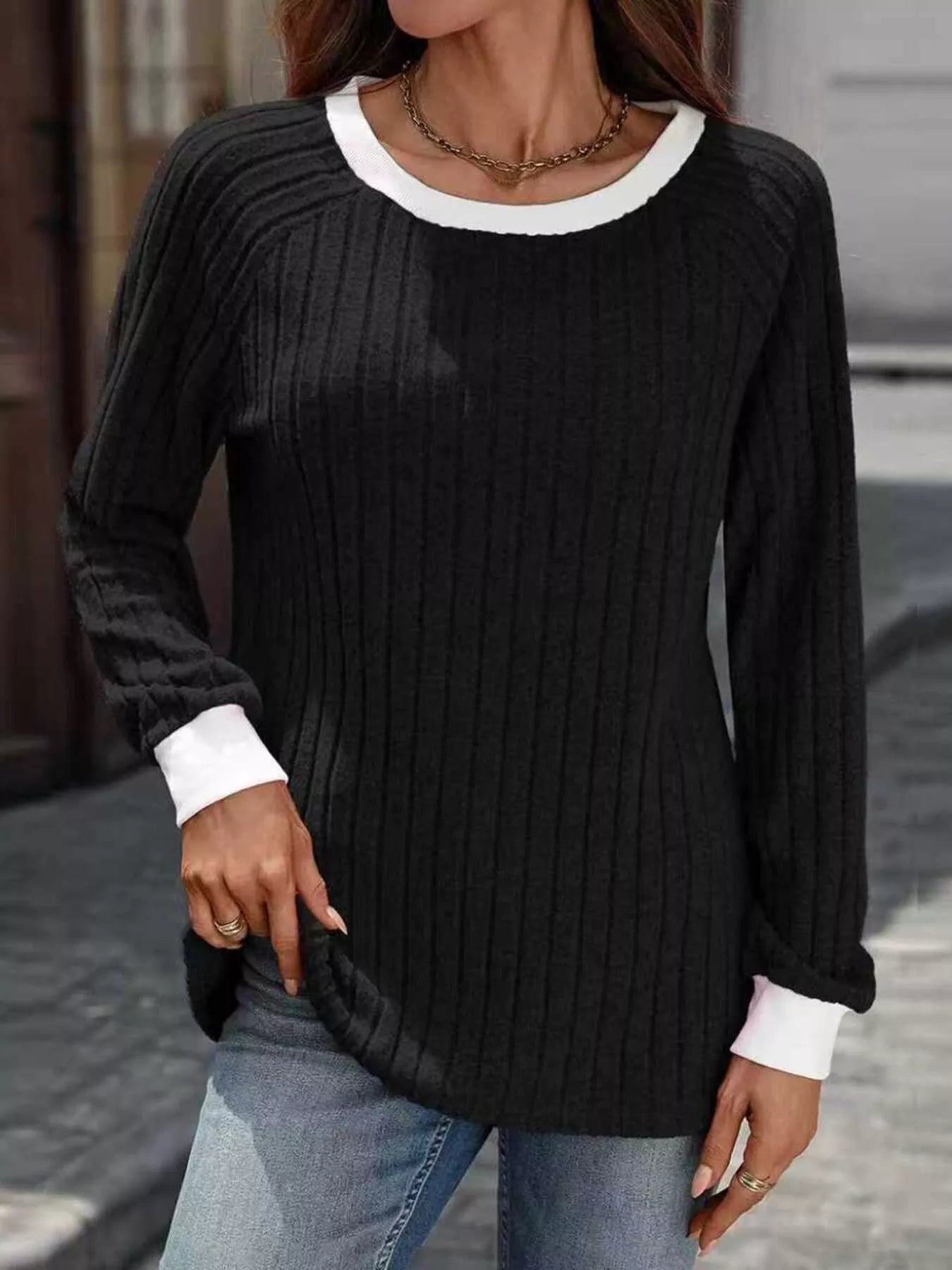 Ribbed Round Neck Raglan Sleeve Knit Top 5554097e1f7f4898993d74e940943144-Max-Origin