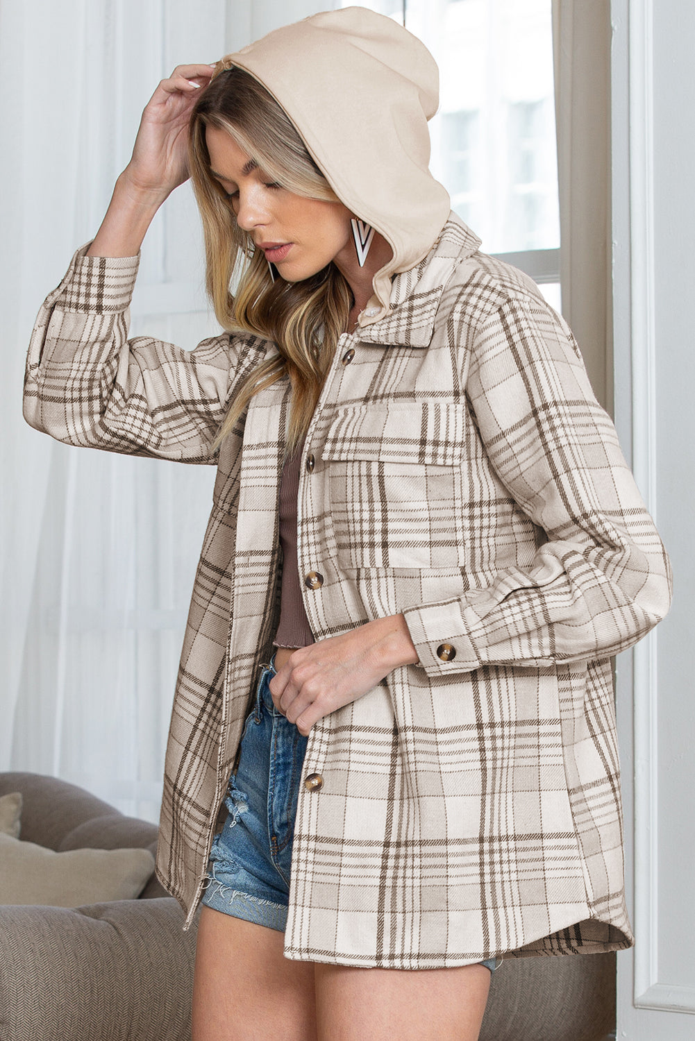 Khaki Plaid Removable Hooded Button Up Jacket 5564184a33618ee8