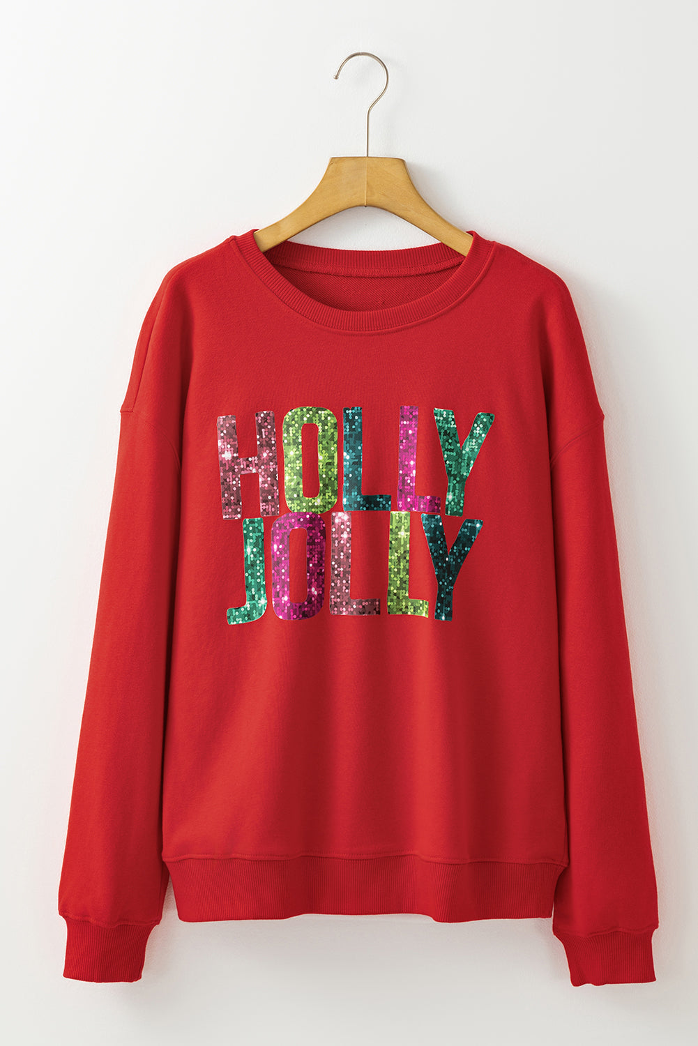 Red HOLLY JOLLY Heat Transfer Printing Graphic Christmas Pullover Sweatshirt 55b8a921fb13a1b7