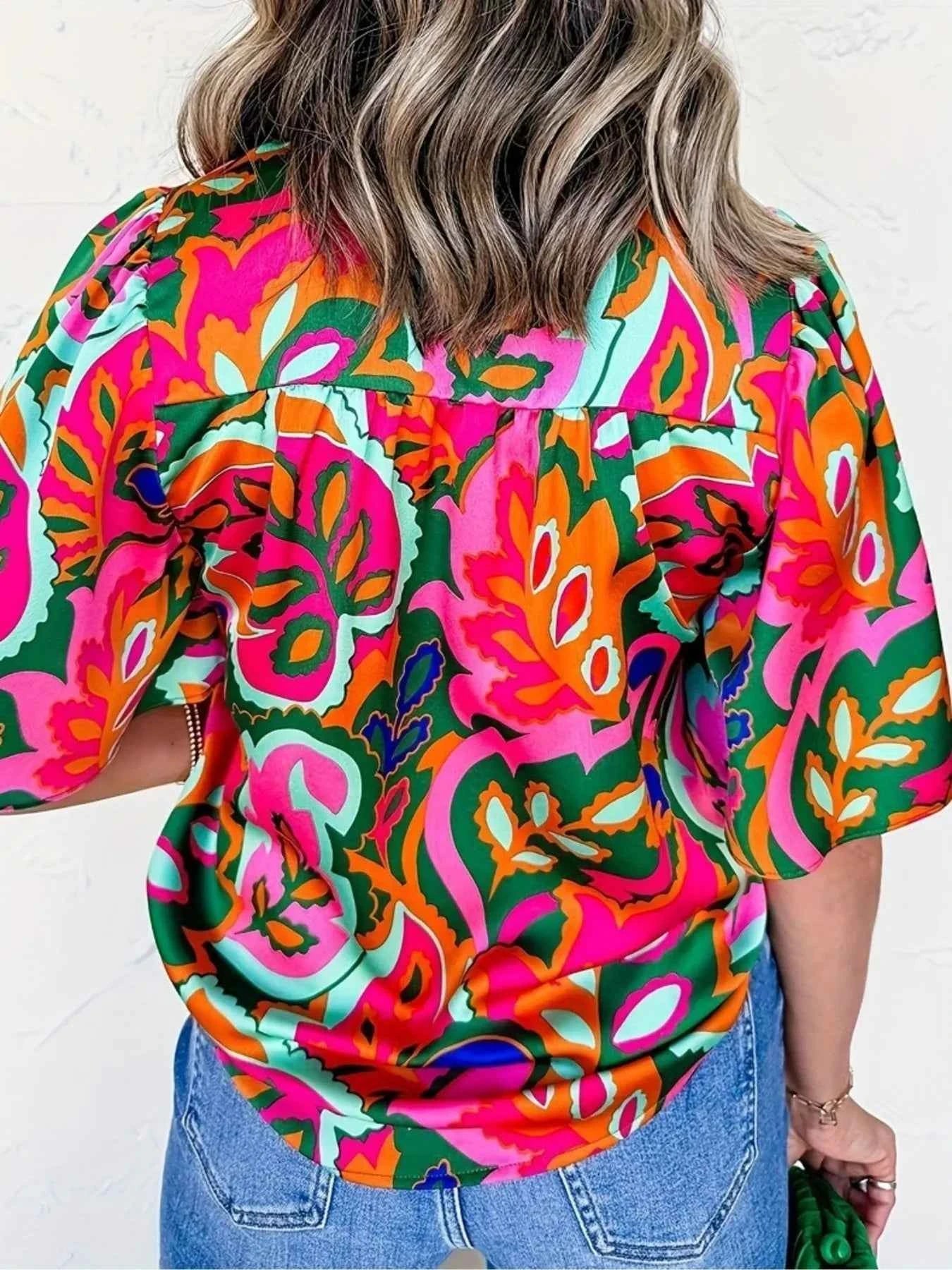 Printed Tie Neck Short Sleeve Blouse 55d42b49b5ac4d9c8f924df27e37a870-Max-Origin