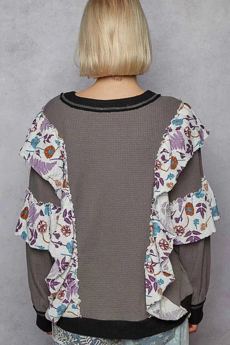 POL Round Neck Sweater with Floral Ruffle Detail