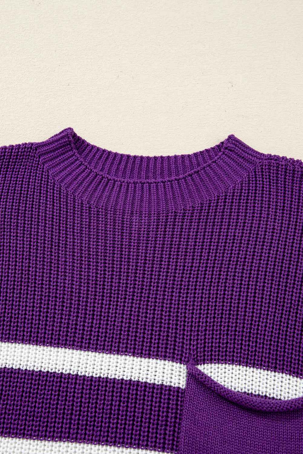 Purple Stripe Raw Edge Patched Pocket Short Sleeve Knit Sweater 56020c88276de6ca
