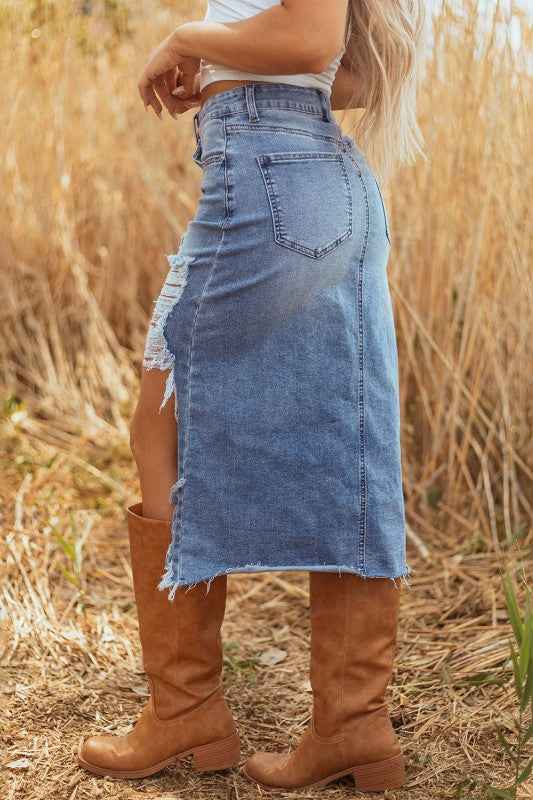 Denim Distressed Midi Skirt 56138a61-894c-4697-a3cb-9c6103d324d7