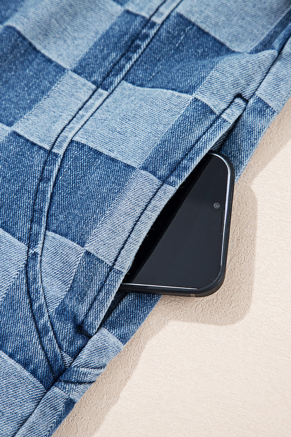 Sky Blue Checkerboard Zipped Collar Kangaroo Pocket Denim Hoodie 5659d05208179971