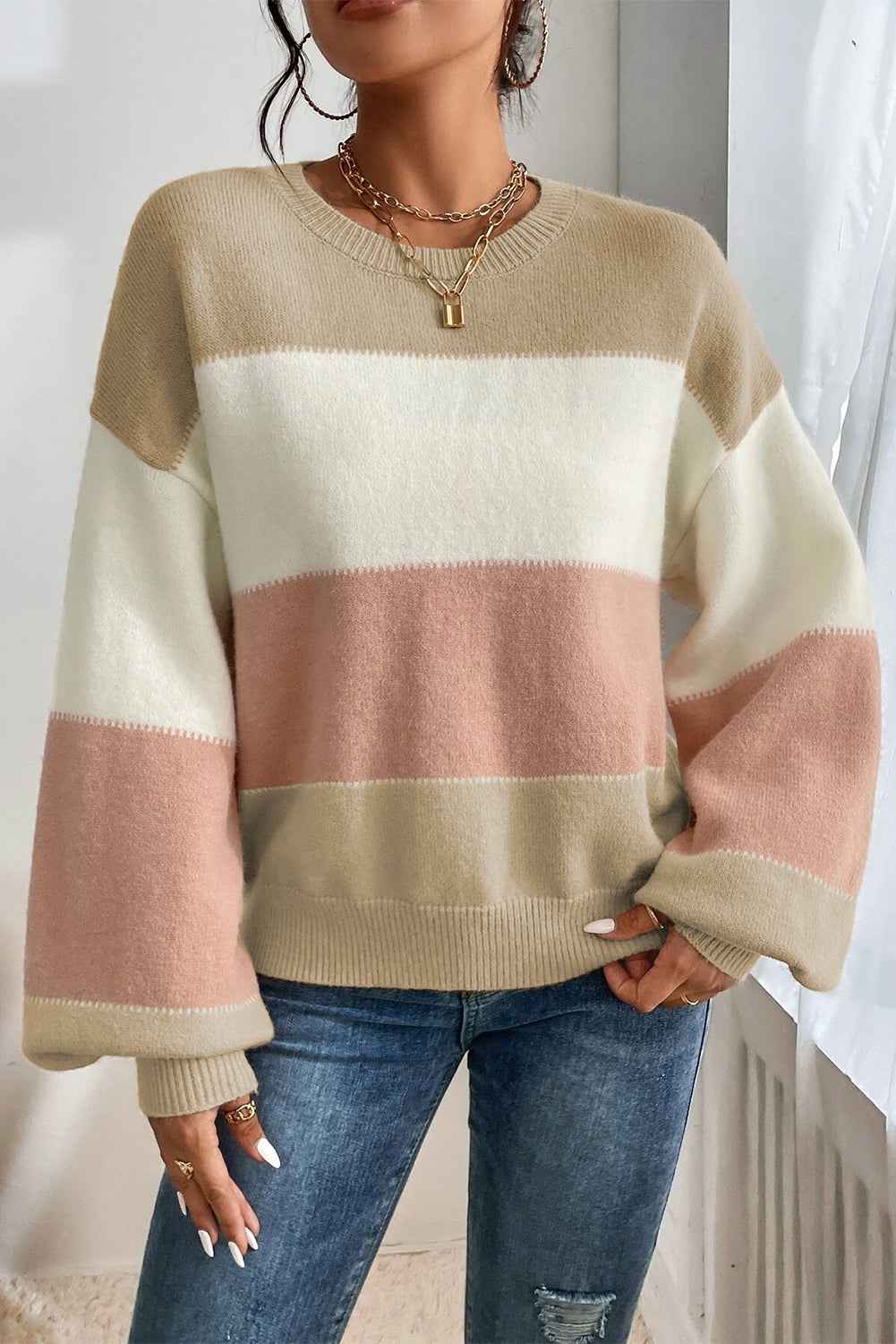 Dusty Pink Color Block Lantern Sleeve Drop Shoulder Sweater 56e11029496bff74