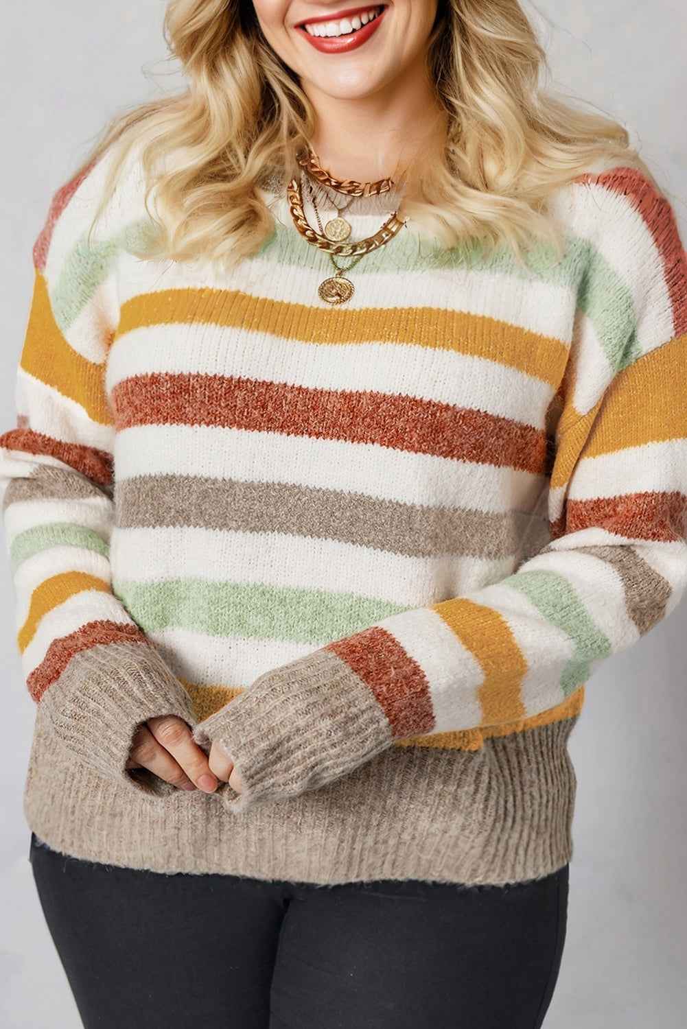Multicolour Striped Colorblock Drop Shoulder Plus Size Sweater 56e98ae990ccd845