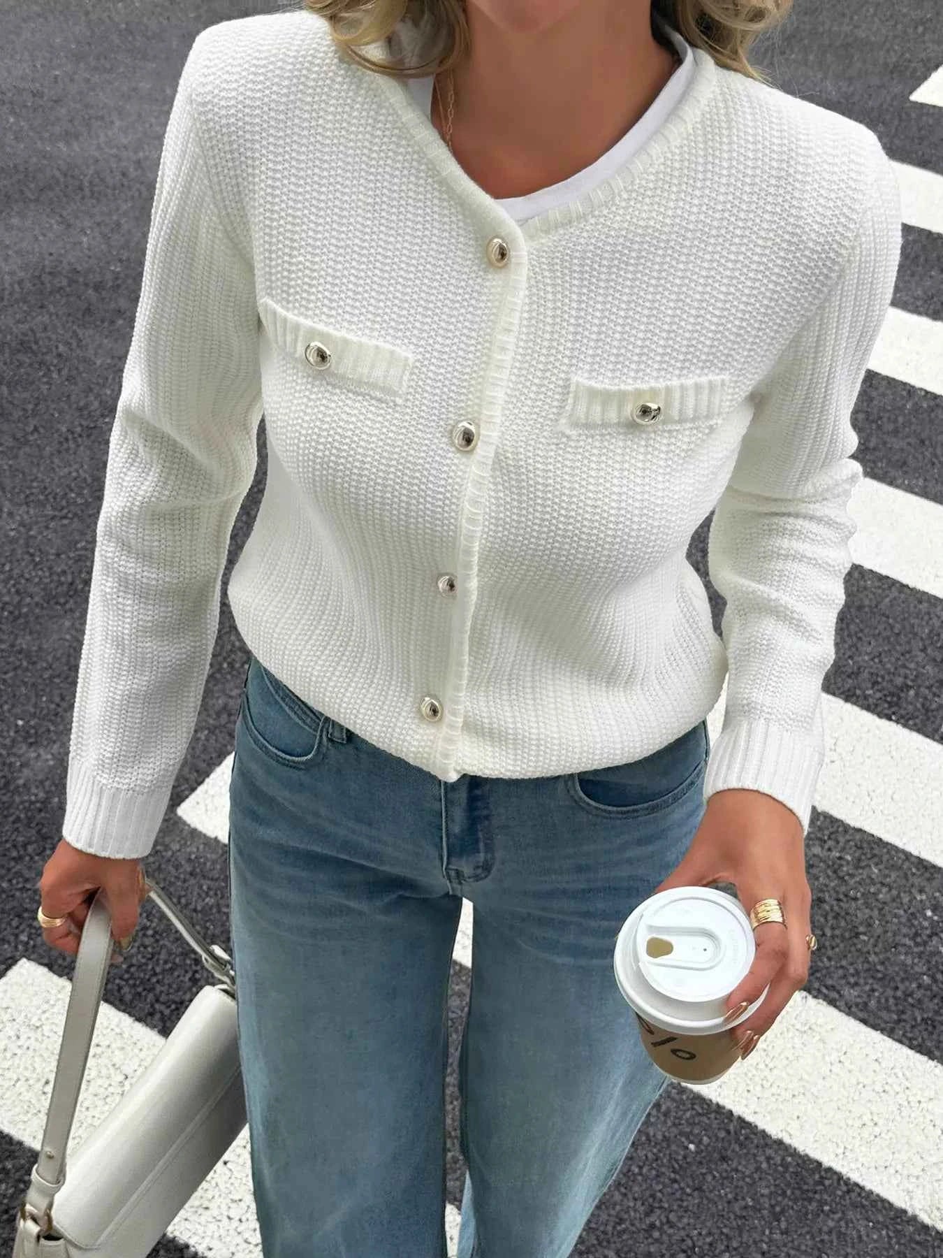 Button-Front Ribbed Long Sleeve Cardigan 57081978079c40e58ae824e6594aab19-Max-Origin