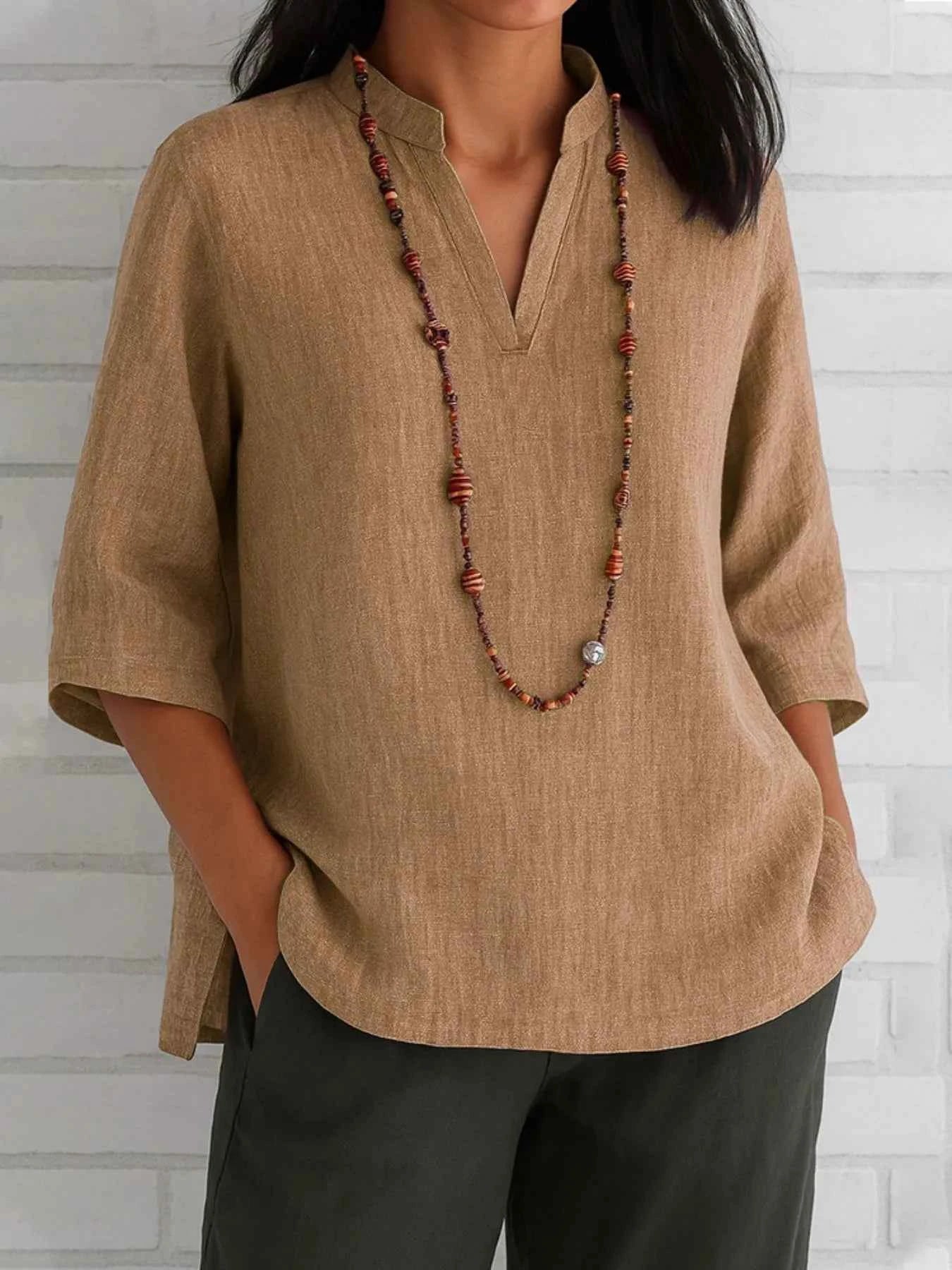 Full Size Notched Three-Quarter Sleeves Blouse Plus Size Tan 57496110-a10b-4ba2-af18-56681bf75838-Max-Origin