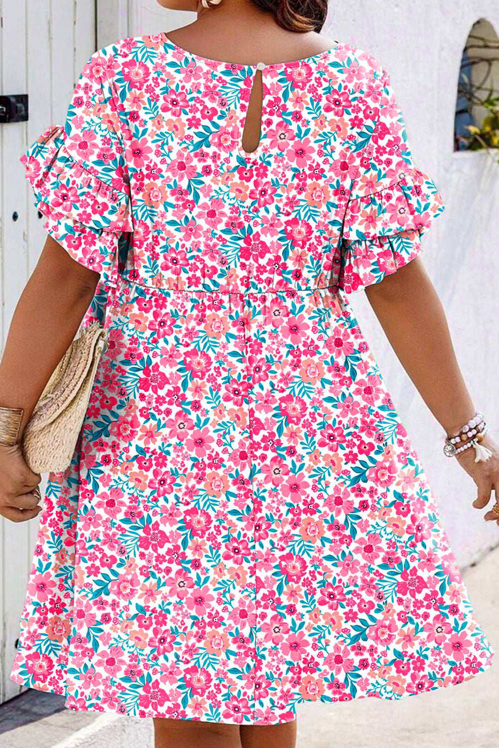 White Plus Size Floral Print Ruffle Short Sleeve Flare Dress 5757501cea0497a4-_2