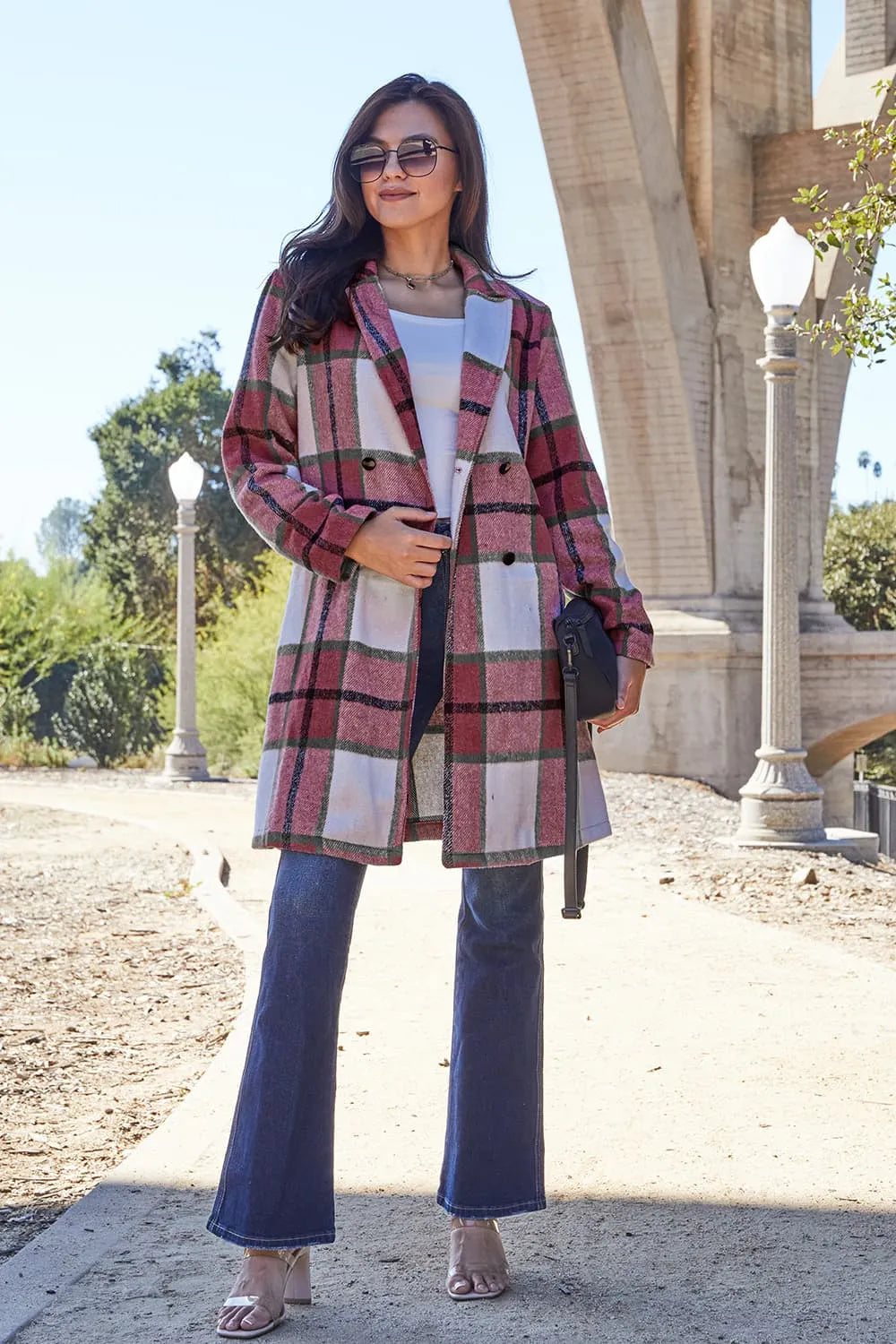 Double Take Full Size Plaid Button Up Lapel Collar Coat Deep Red 5775bfc0da464f7fa251f513a842709e-Max