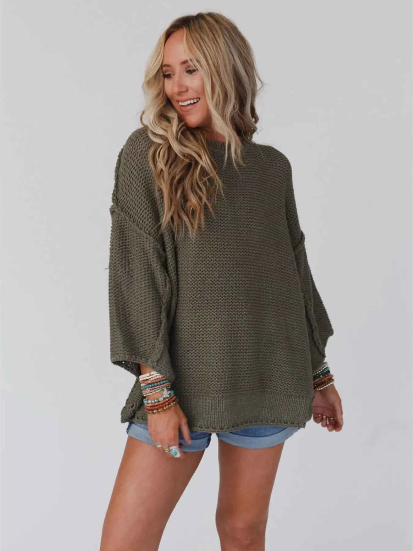Round Neck Oversized Knit Top with Relaxed Fit Army Green 57cc13c2-6f4d-43a2-ab23-9774e40a4b3c-Max-Origin