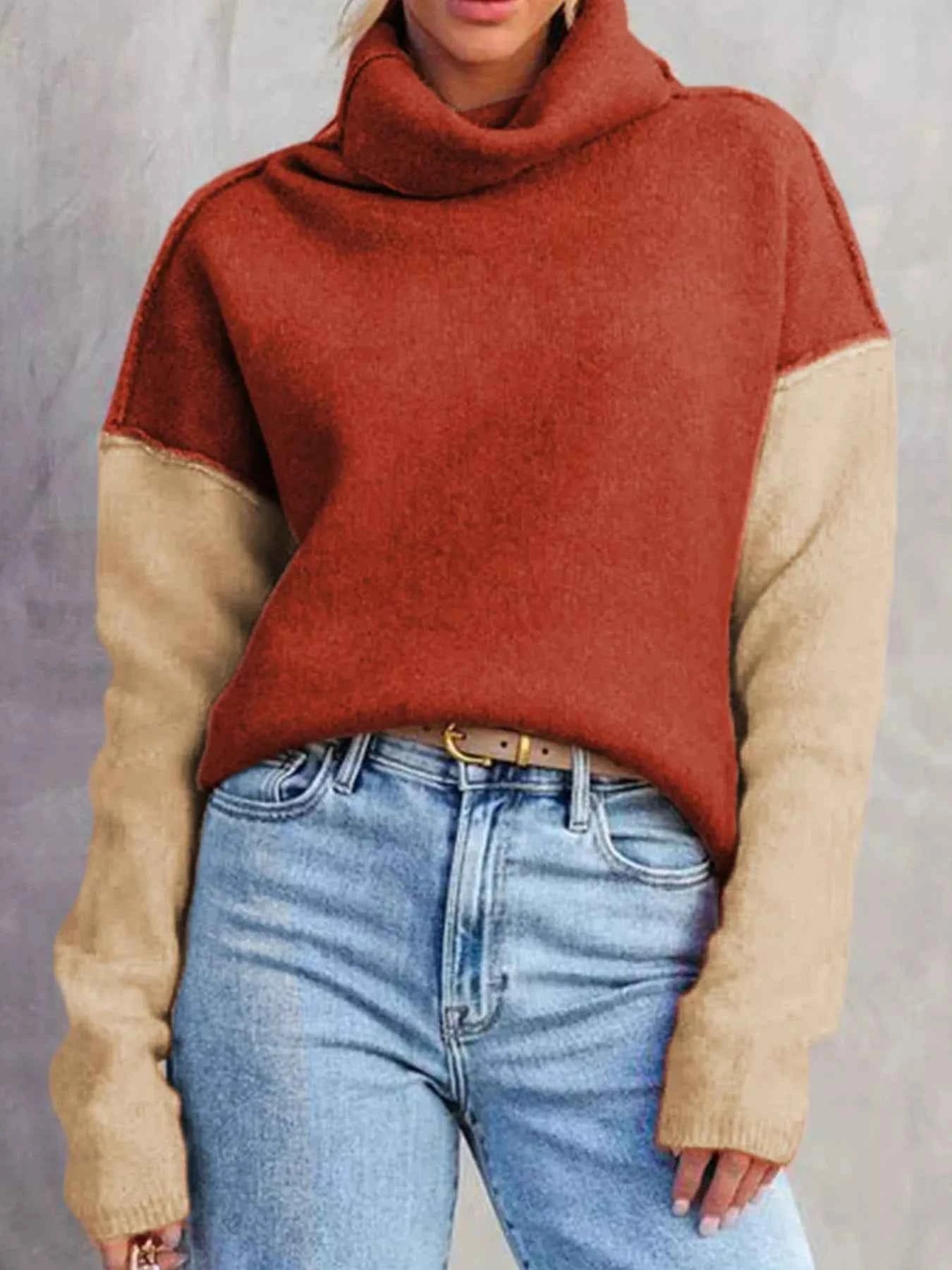 Color Block Turtleneck Drop Shoulder Knit Sweater Caramel 580f5579-fb2b-4ae7-a348-44d0947c9f2f-Max-Origin