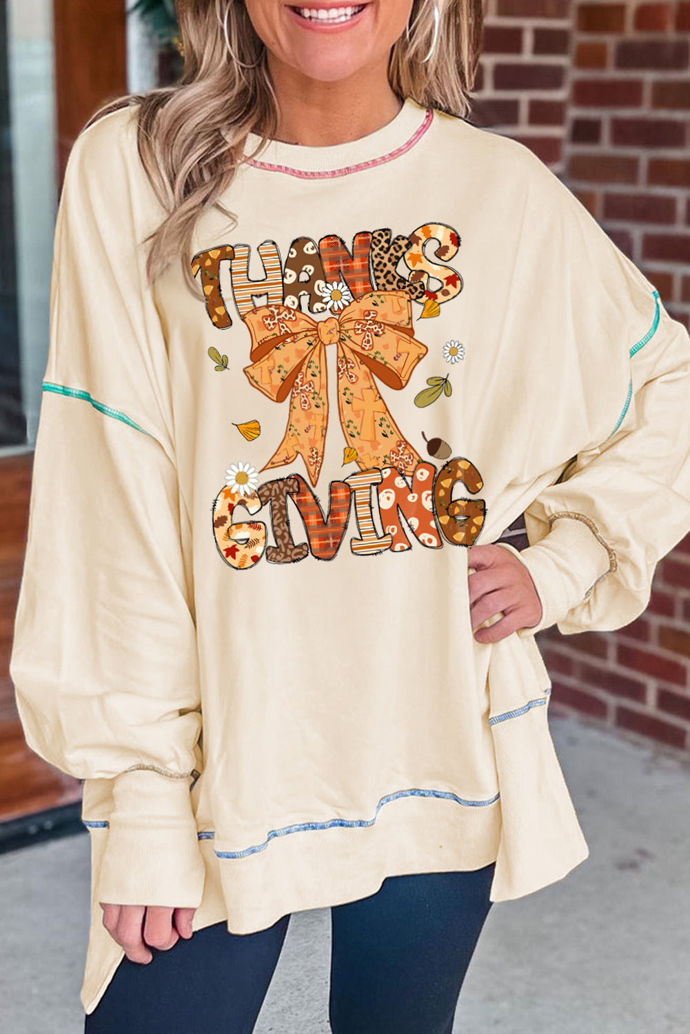 White THANKSGIVING Ribbon Bow Heat Transfer Printing Contrast Trim Baggy Sweatshirt White 50%Polyester+50%Cotton 58260d4df9d5abe2