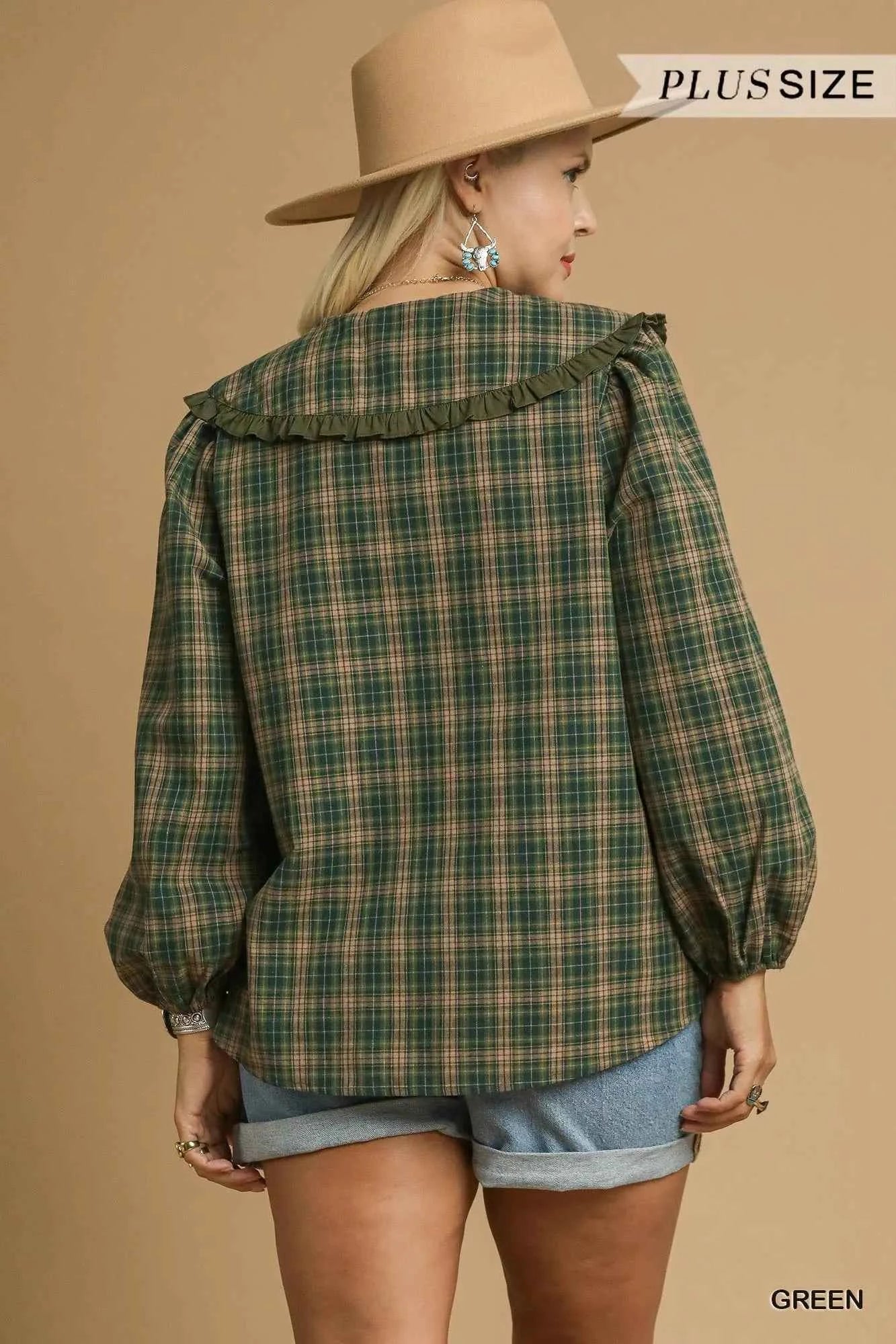 Umgee Full Size Plaid Ruffle Collar Blouse Plus Size 58625e6c-efc0-4eae-a795-5c50c39df21f-Max-Origin