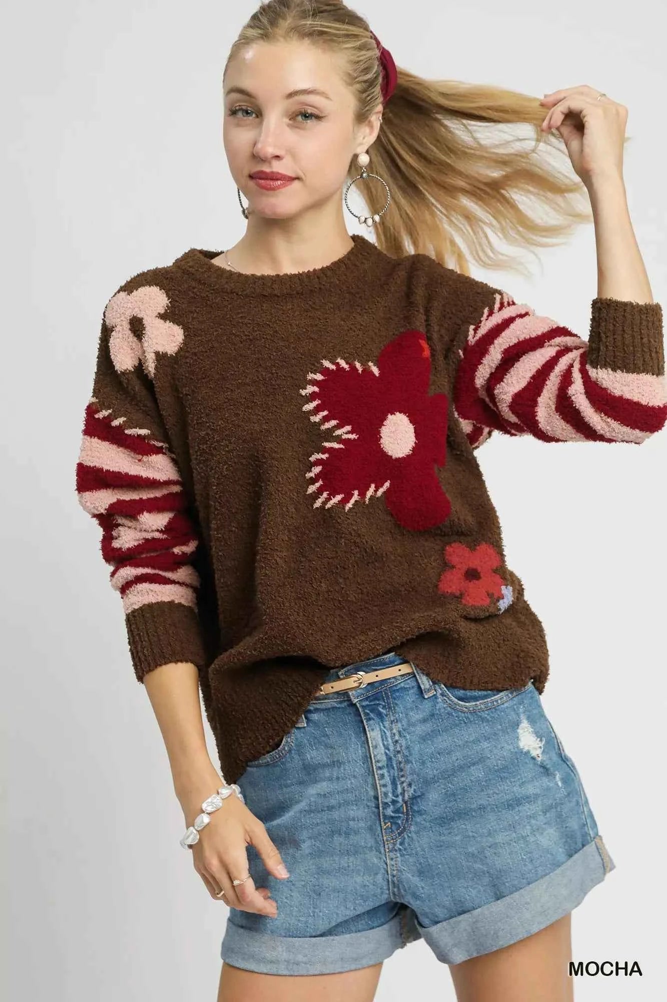 Umgee Flower Jacquard Striped Long Sleeve Sweater Mocha 586c3e14-a90f-48f3-a0b9-f9278ec45c3f-Max-Origin