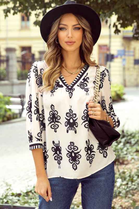 Vintage Geometric Printed V Neck Blouse 588e228f-8835-428b-a594-22ef00fd1798