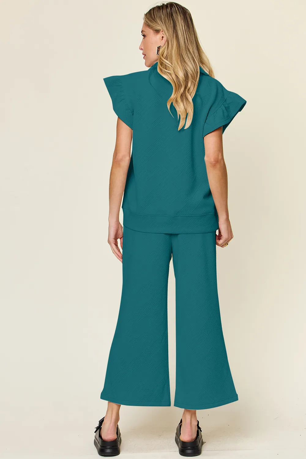 Double Take Texture Ruffle Short Sleeve Top and Drawstring Wide Leg Pants Set 5904df72-c5e0-4a78-886f-cf48d9cab77a-Max