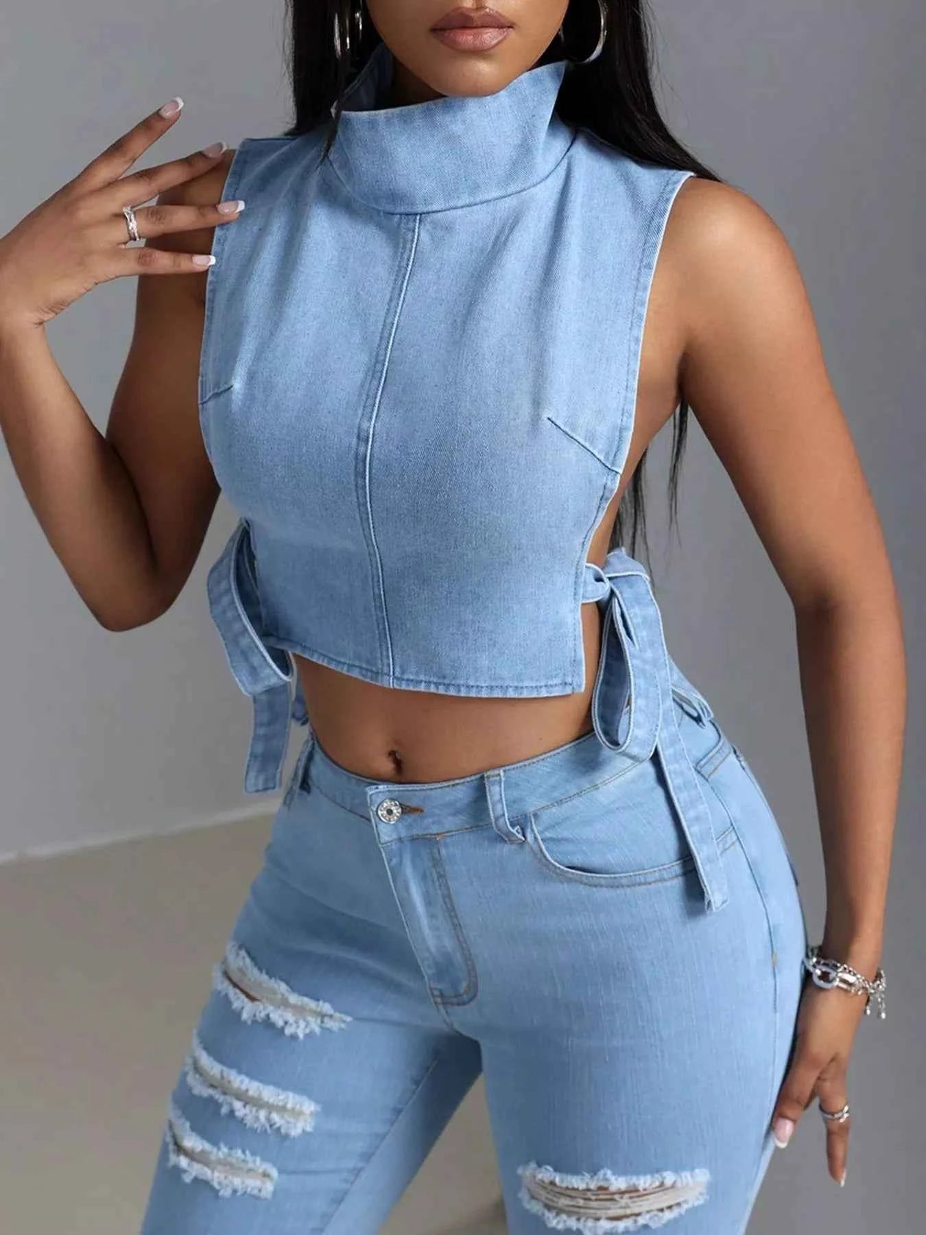 Sleeveless Cropped Denim Turtleneck Top with Side Tie Details Blue 59684c7ee1a84dd4b0d3147ae8f83cb2-Max-Origin