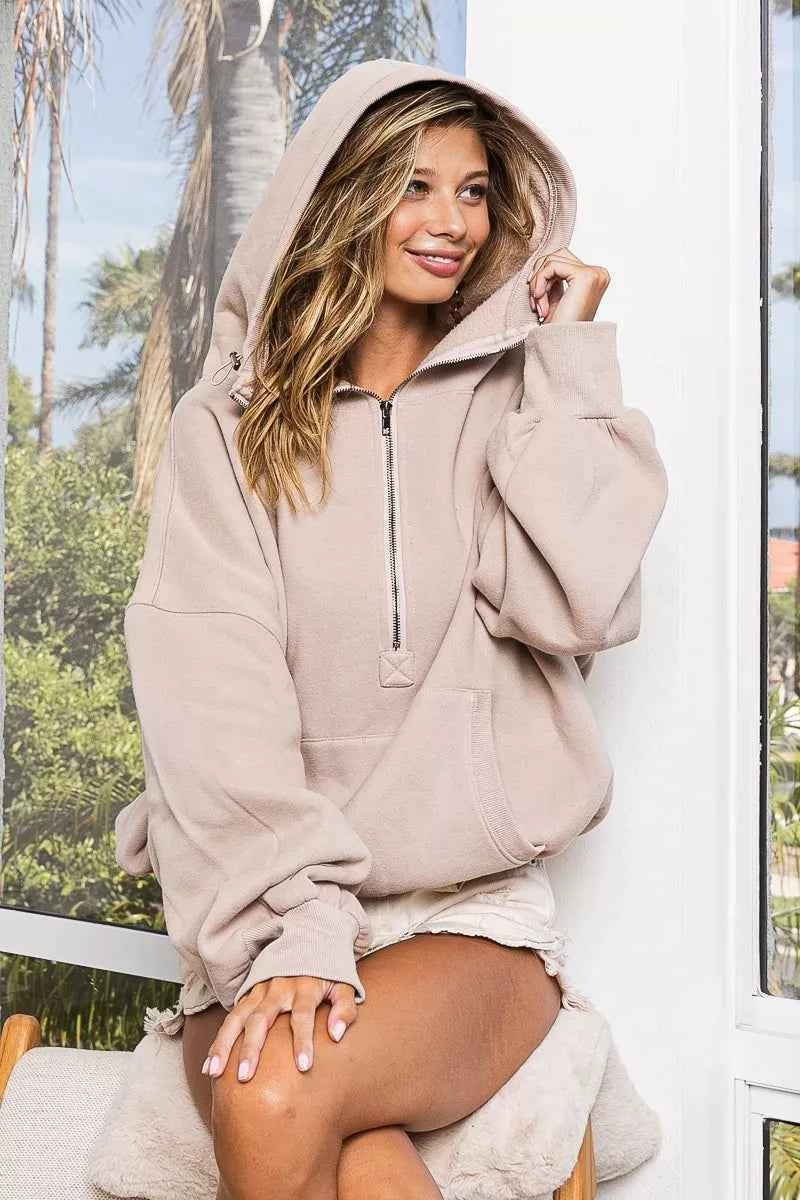 BiBi Stitch Detailed Elastic Hem Half Zip Fleece Hoodie TAUPE 59ea0b89-1859-46ef-8862-bfac3b70eb26-Max-Origin