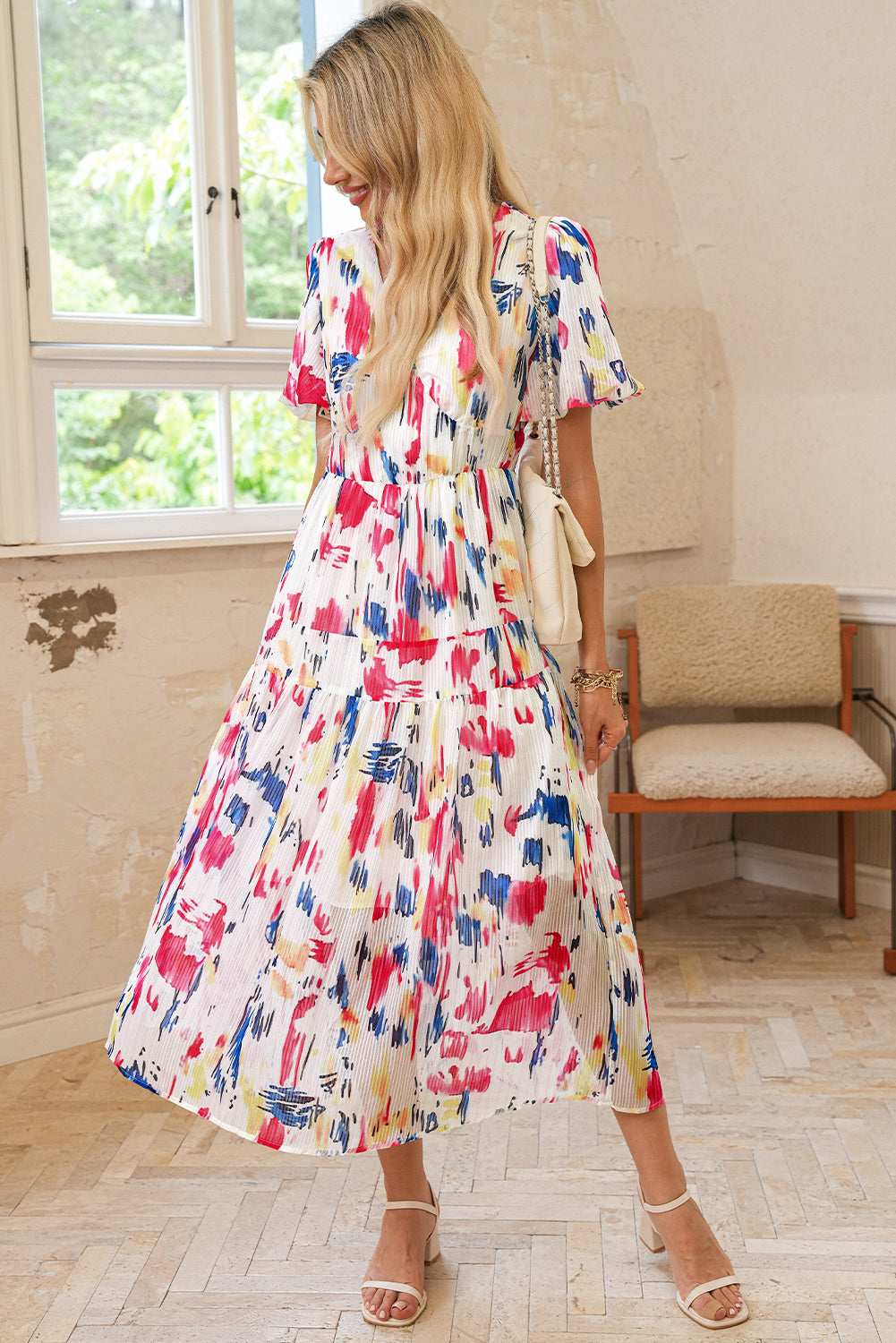 Sky Blue Abstract Print Short Puff Sleeve Tiered Maxi Dress 5a7f687a927c204a-_11