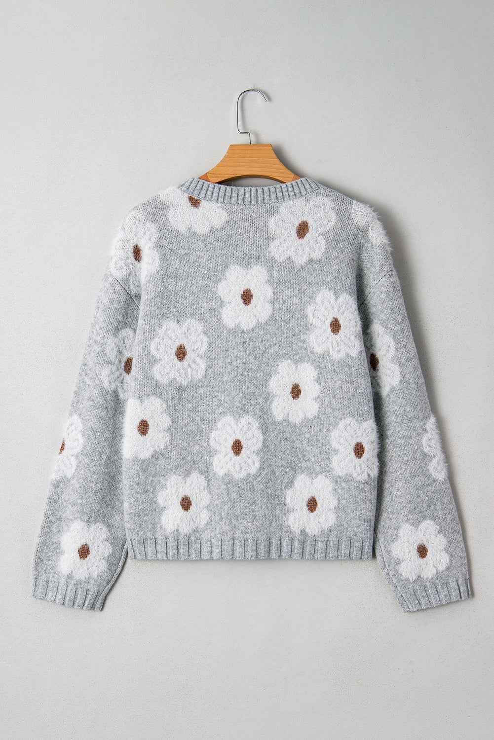 Gray Cute Flower Print V Neck Drop Shoulder Baggy Sweater 5b01ed2a68cad473