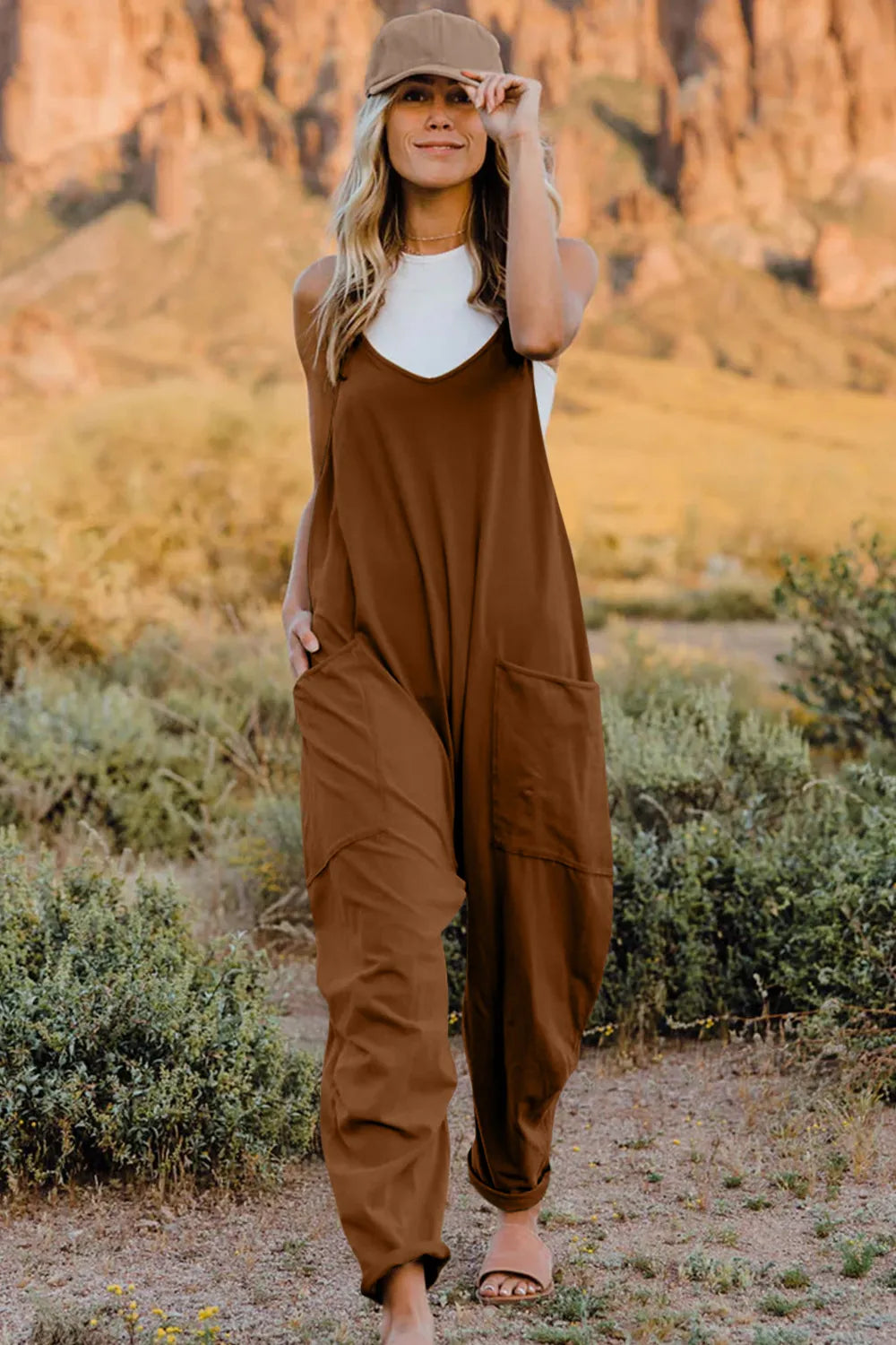 Double Take Full Size V-Neck Sleeveless Jumpsuit with Pockets Brown 5b291a35-e7d6-48df-ab6b-16499d3e1c53-Max