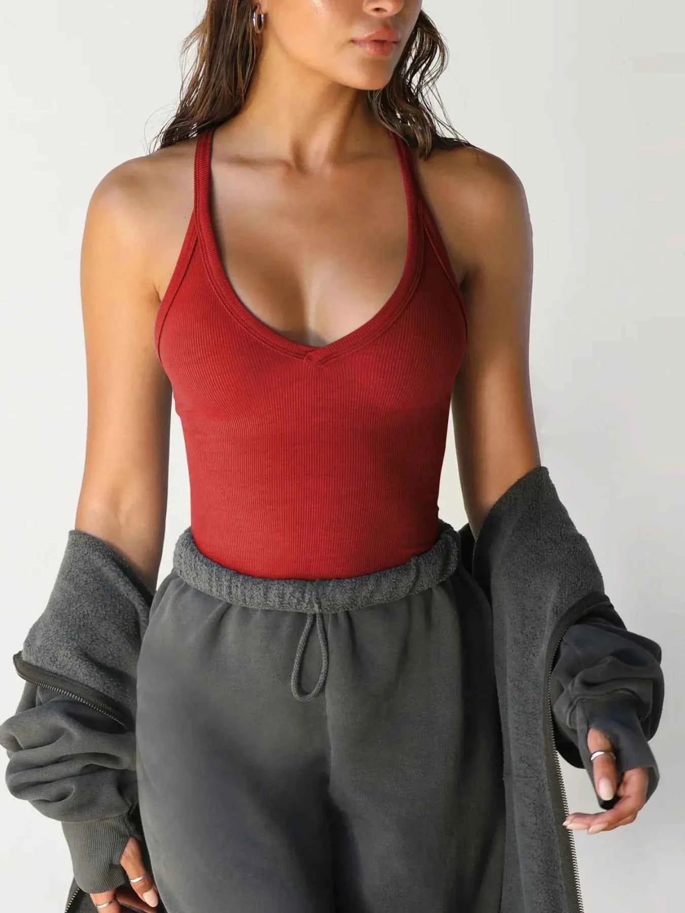 Ribbed V-Neck Halter Tank Top Scarlet 5b7a5e93-1b01-4b28-8ae0-398a2e92c1bc-Max-Origin