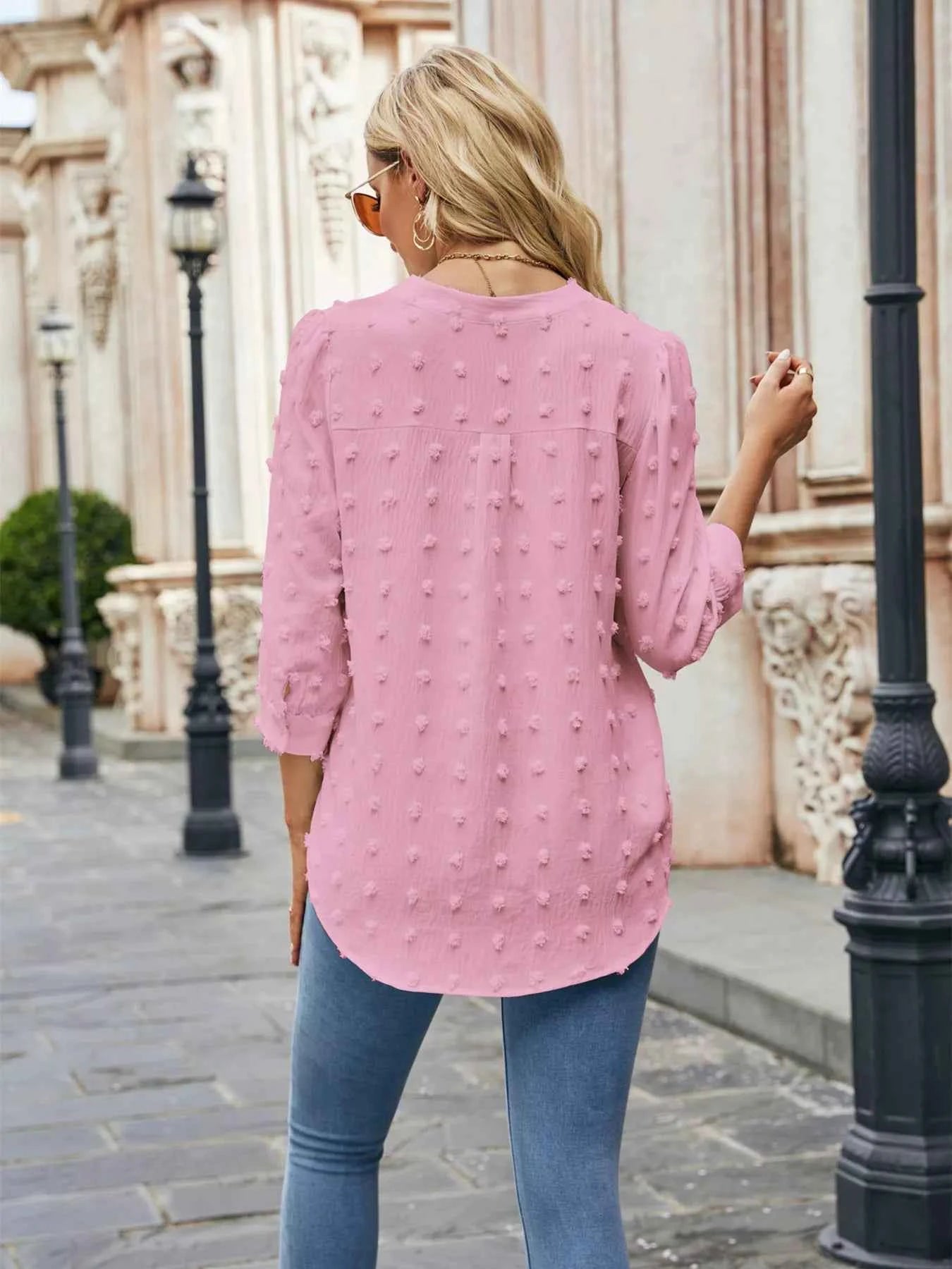 Swiss Dot Notched 3/4 Sleeve Blouse 5c1e5f0a117946928d7c931a4e82dc25-Max-Origin