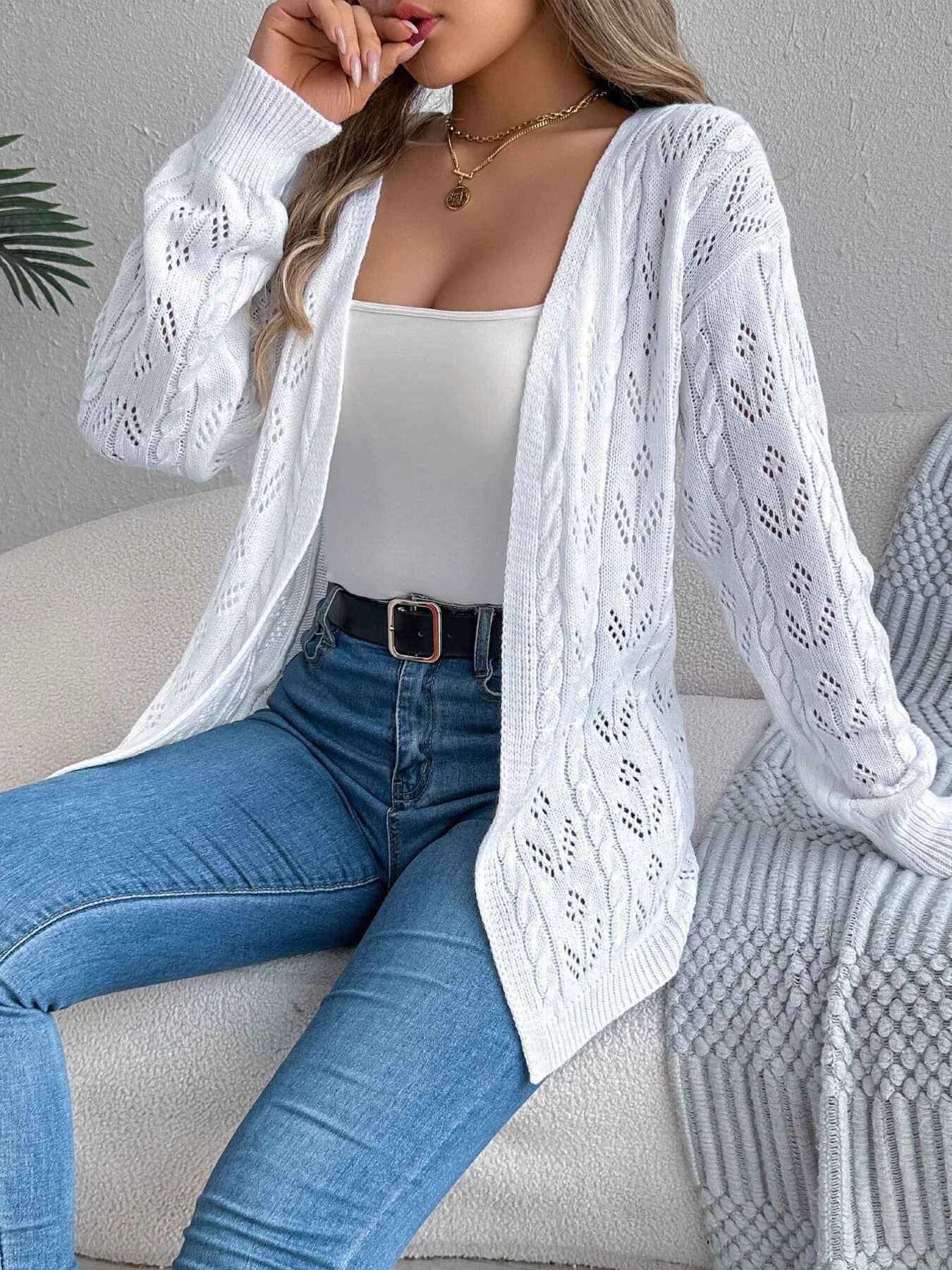 Openwork Open Front Long Sleeve Cardigan White 5c28bbe6a45c4f32baa54f2b420cf76a-Max-Origin
