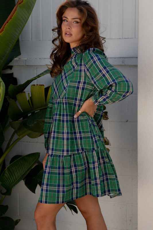 Plaid Frilled Collar Long Sleeve Mini Dress 5c9ea075-c26c-414a-b4c4-19f6eb0ce303