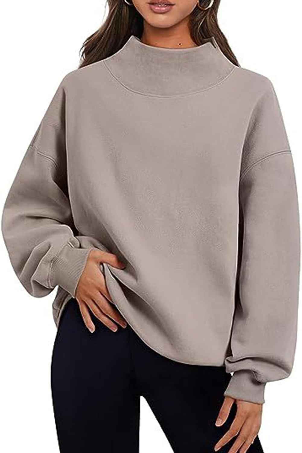 Chicory Coffee Solid Color High Neck Long Sleeve Loose Sweatshirt Goat 95%Polyester+5%Elastane 5ca8f458c1465941
