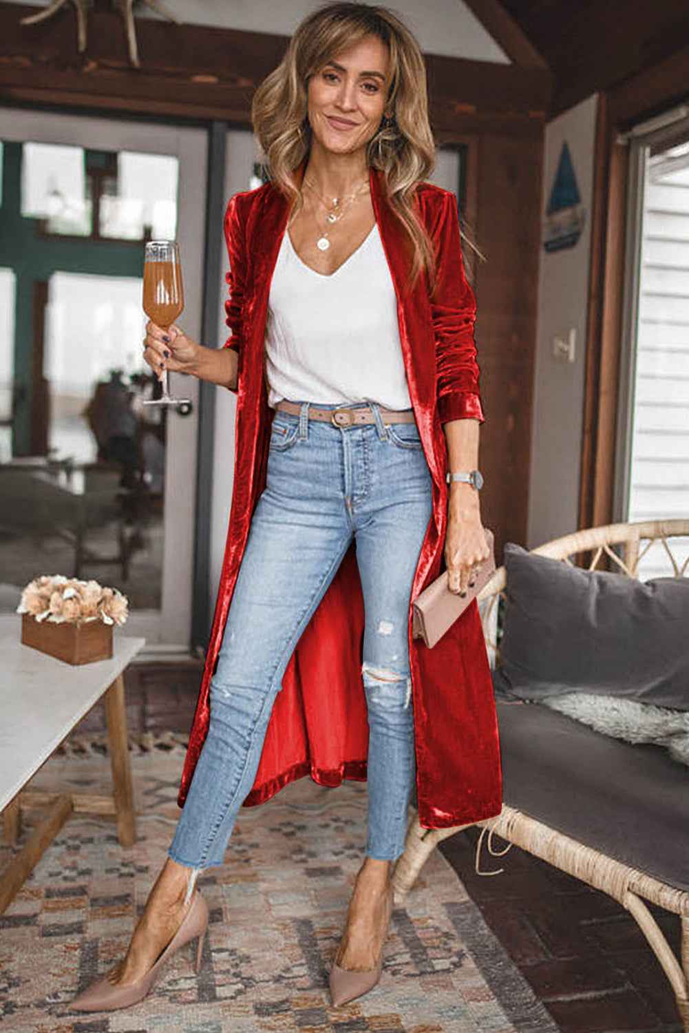 Red Velvet Elegant Open Front Pocket Long Cardigan 5d1f1679edd653f1
