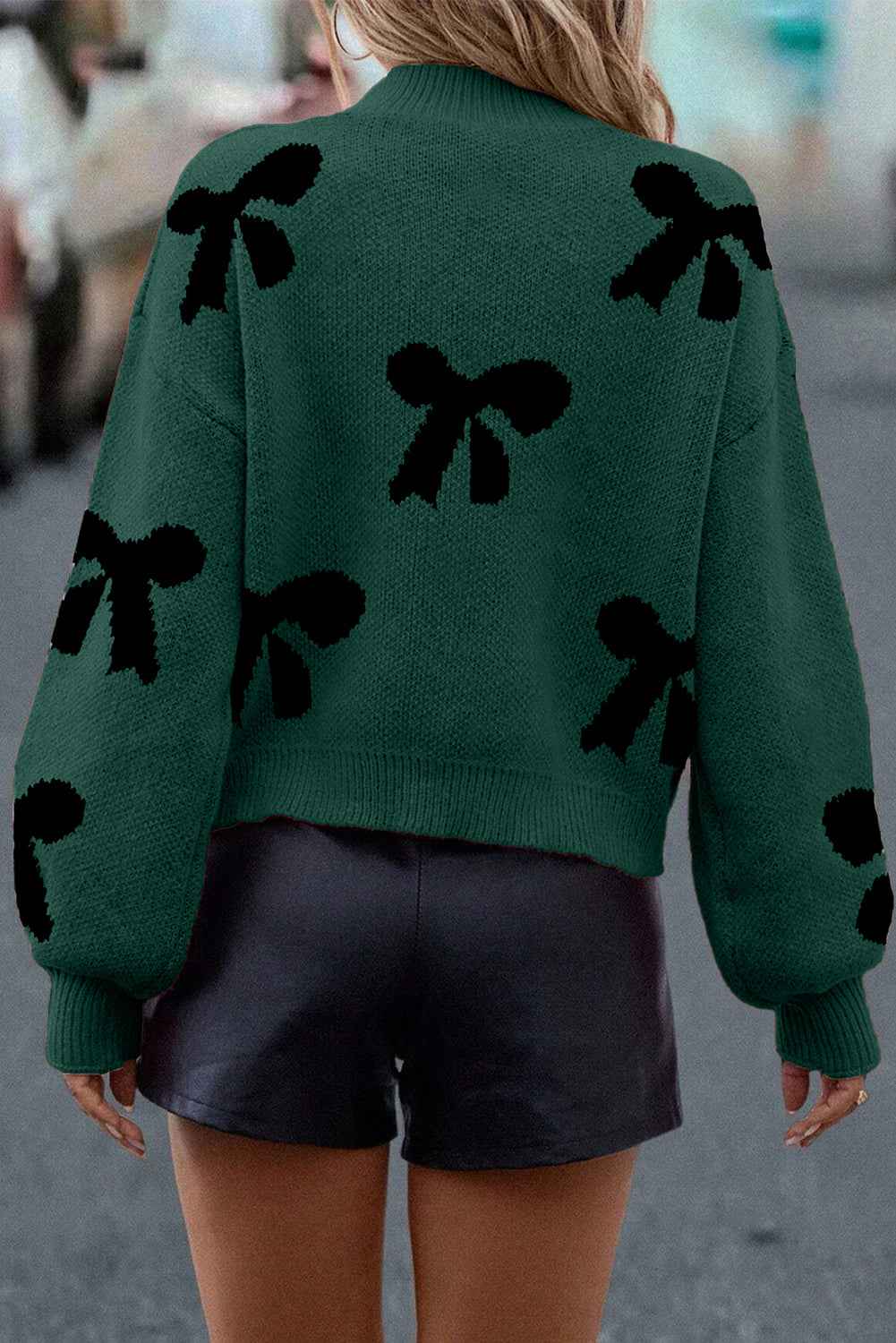 Blackish Green Pearl Embellished Bow Pattern Loose Sweater 5d96bcdf28bd4738