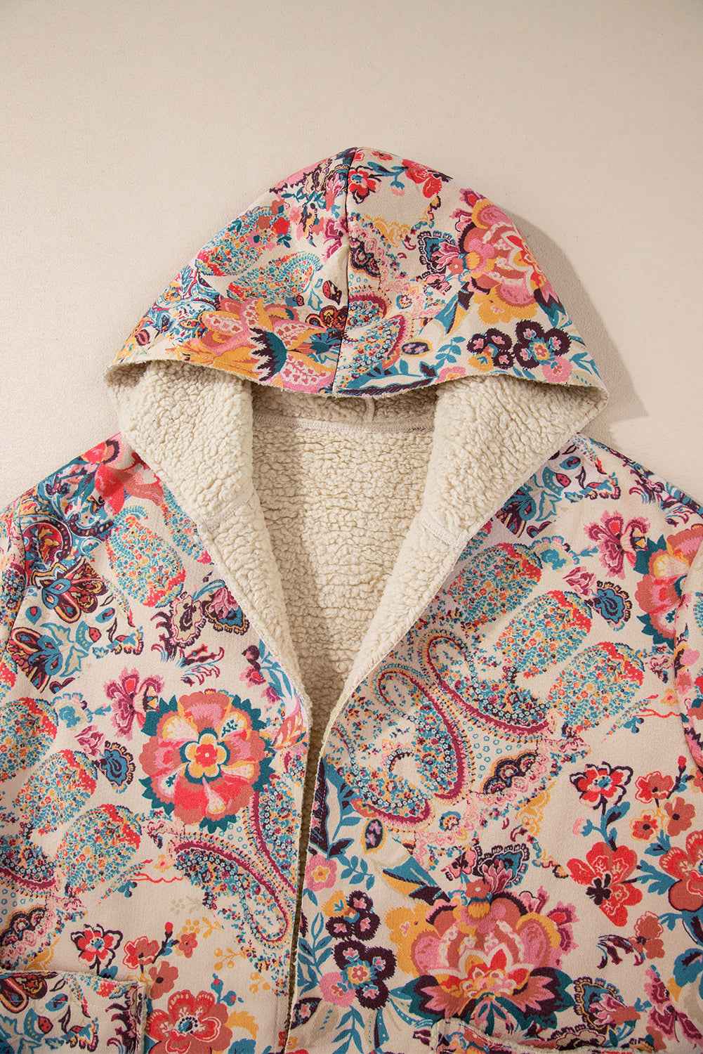 Beige Vintage Paisley Floral Printed Sherpa Lined Hooded Jacket 5db9f6999b99d0cd