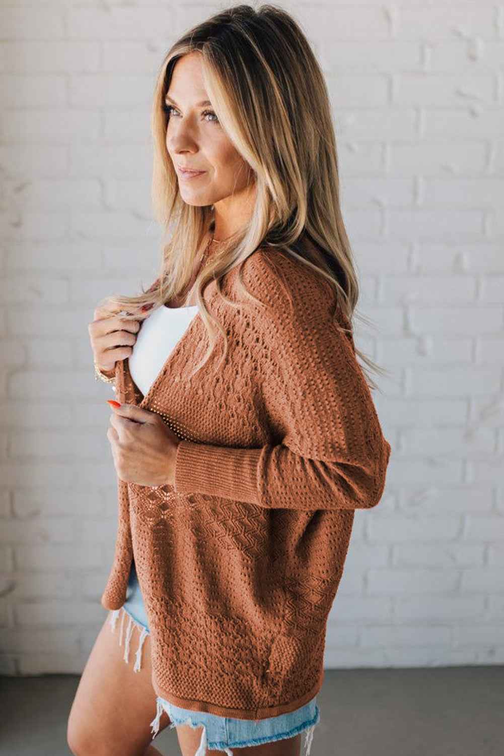 Jet Stream Mix Pattern Hollow Knit Open Front Cardigan 5ddbe3c77432fcc9