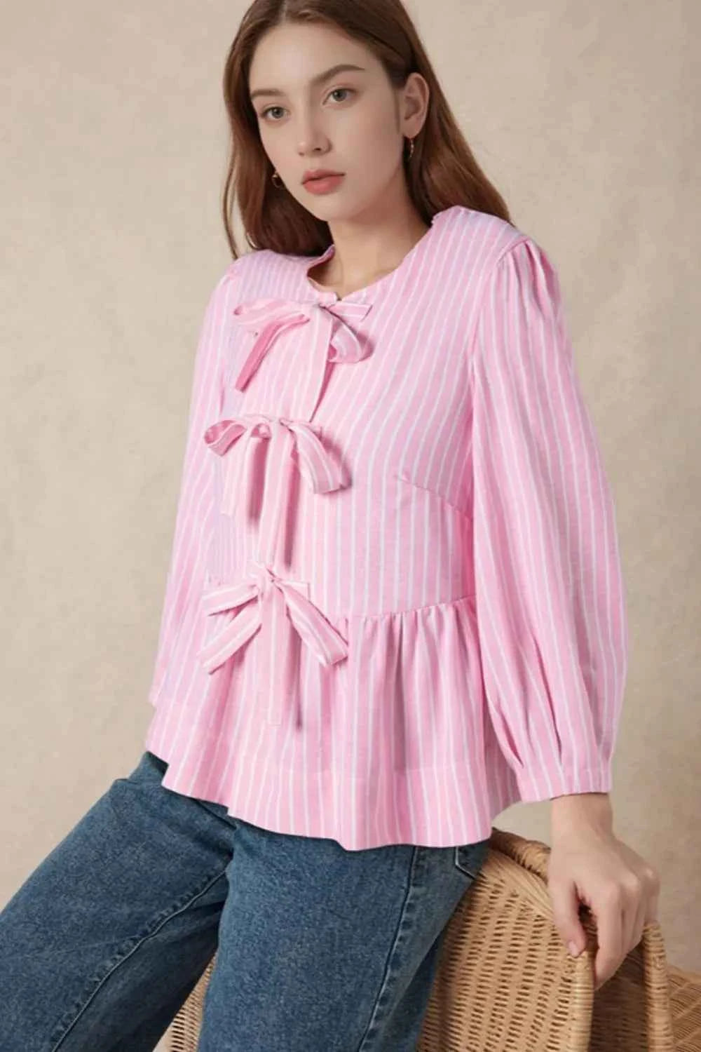 Tie Front Striped Peplum Blouse Blush Pink 5ddef23a-e090-45ed-825a-025a9c1f0980-Max-Origin
