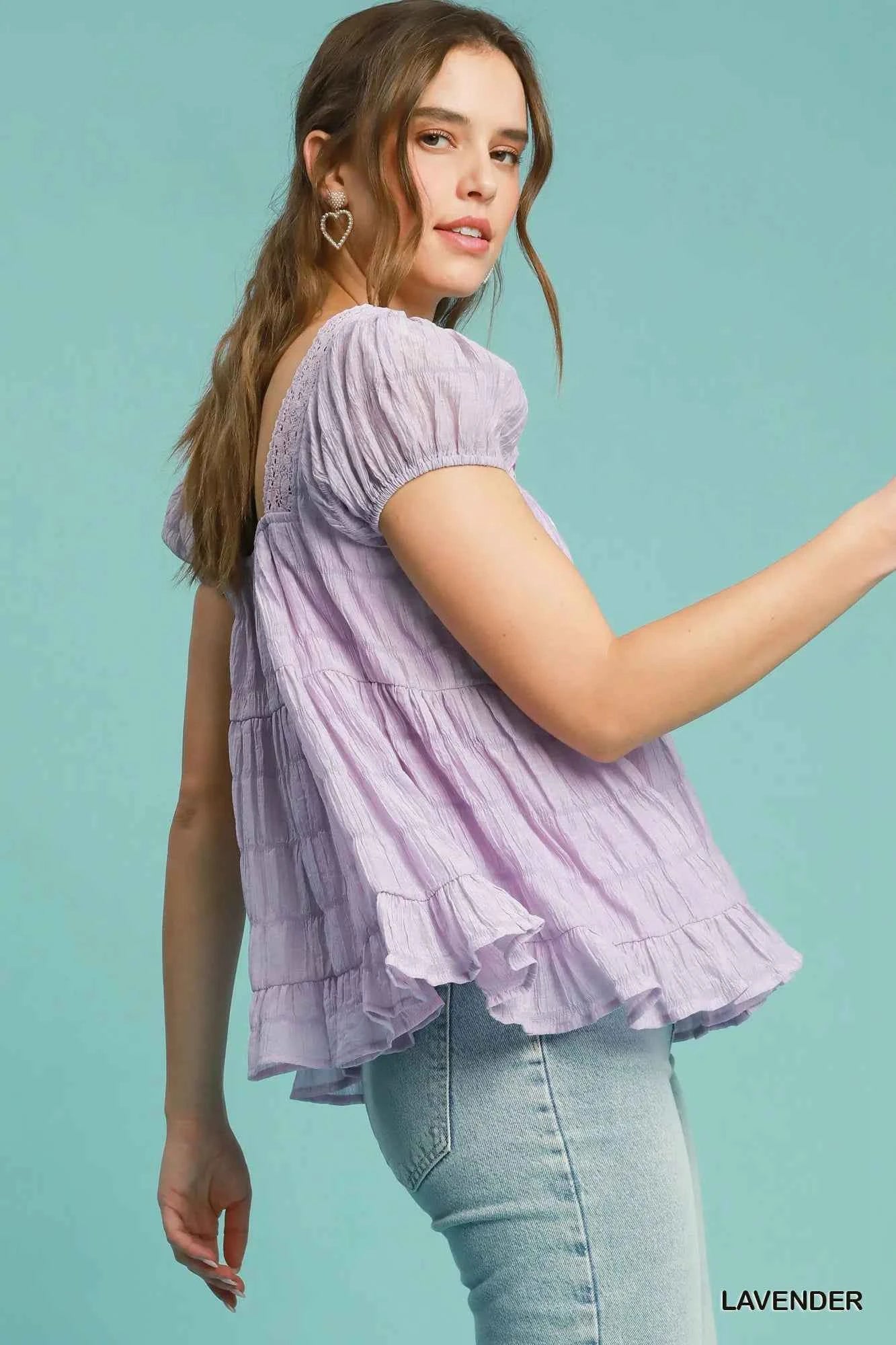 Umgee Textured Square Neck Bow Tie Blouse with Ruffle Hem 5ddf1d75-cfdc-4297-b3cb-f01cc9eebbc7-Max-Origin