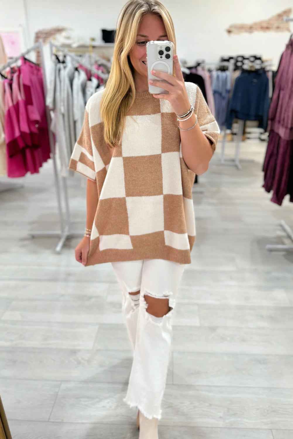Black Checkered Pattern Loose Short Sleeve Sweater 5de6a8bc4167a857