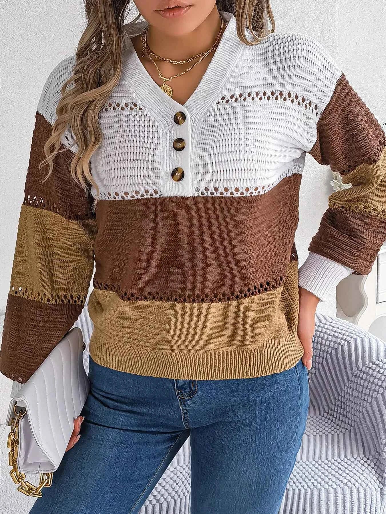 Color Block Striped V-Neck Button Detail Sweater 5e2cc355bb344ad8887368d7bae98434-Max-Origin