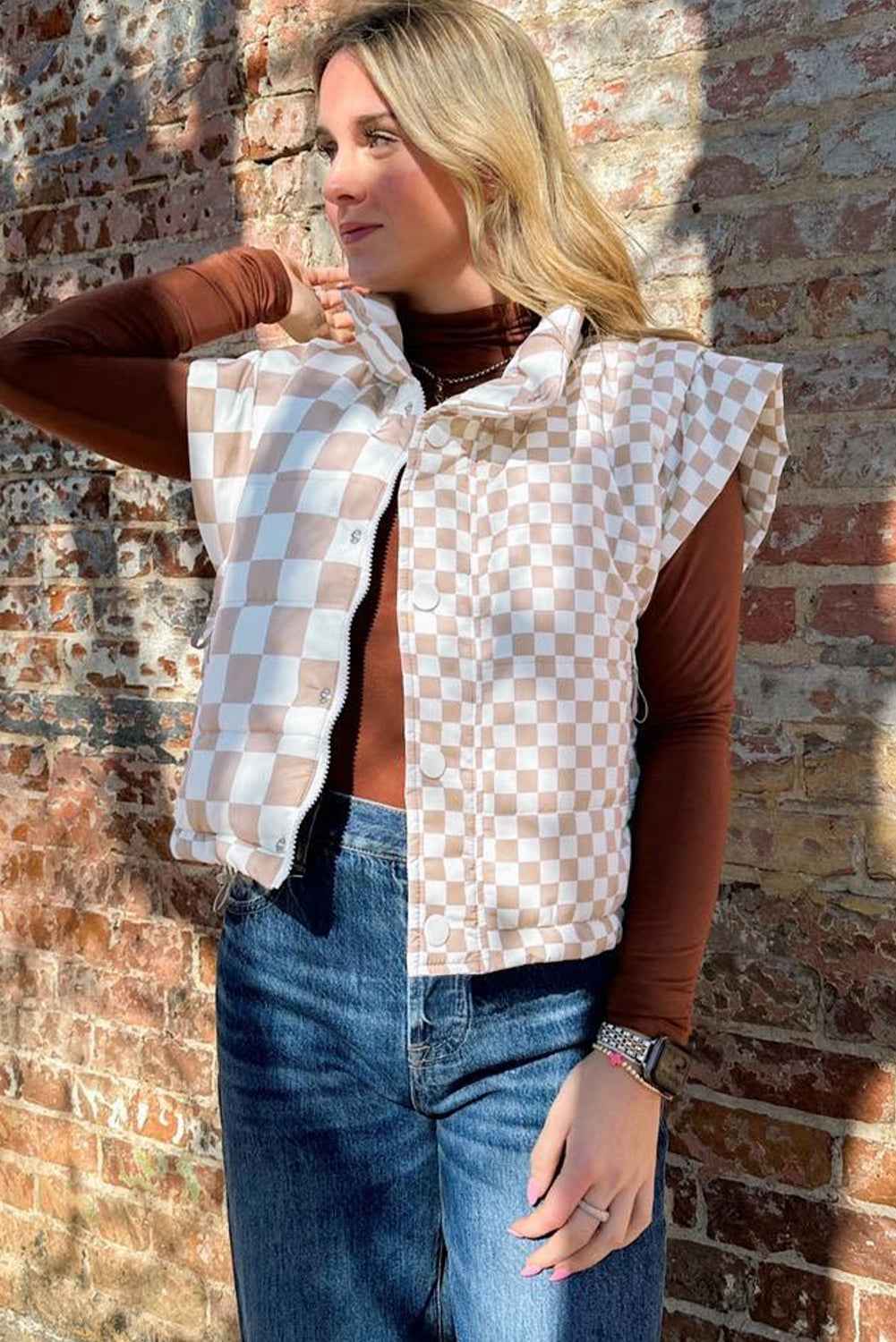 Khaki Plaid Stand Neck Button Down Vest 5e844a1e7c9cf374