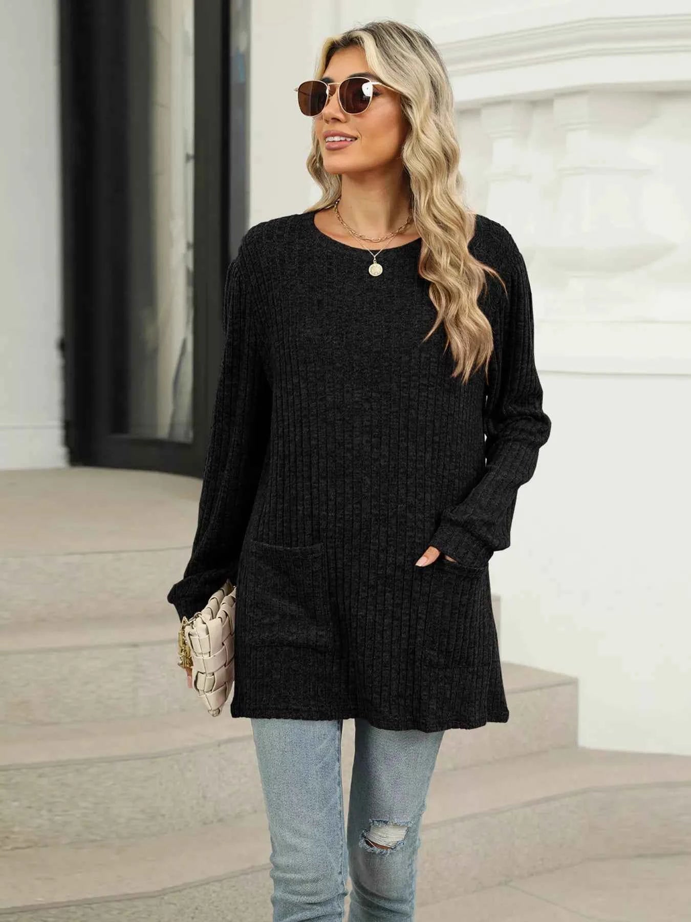 Ribbed Knit Long Sleeve T-Shirt 5e84f260a47640b3bf15da28a541a578-Max-Origin