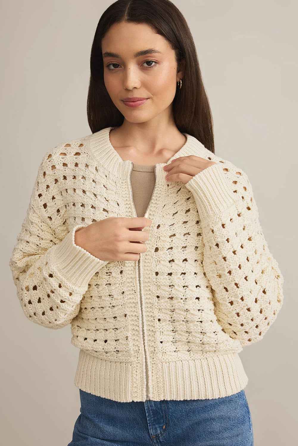 Beige Hollowed Pattern Knit Zip Up Drop Shoulder Cardigan 5e8838997ccc15ba
